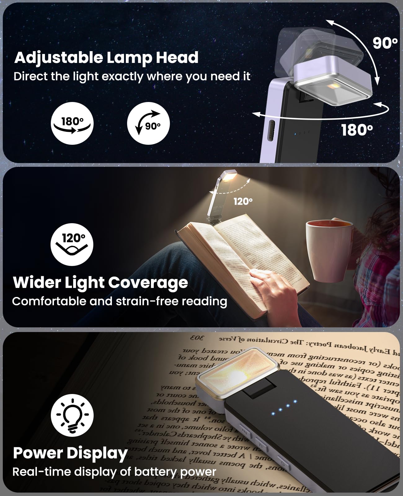 MEDE Book Light Clip on Book Reading Light for Books in Bed,Eye Caring Dimmable Reading lamp with 3 Colors Temperatures,USB Rechargeable LED Book Lamp Portable Bookmark Light for Night,Kids(Purple)