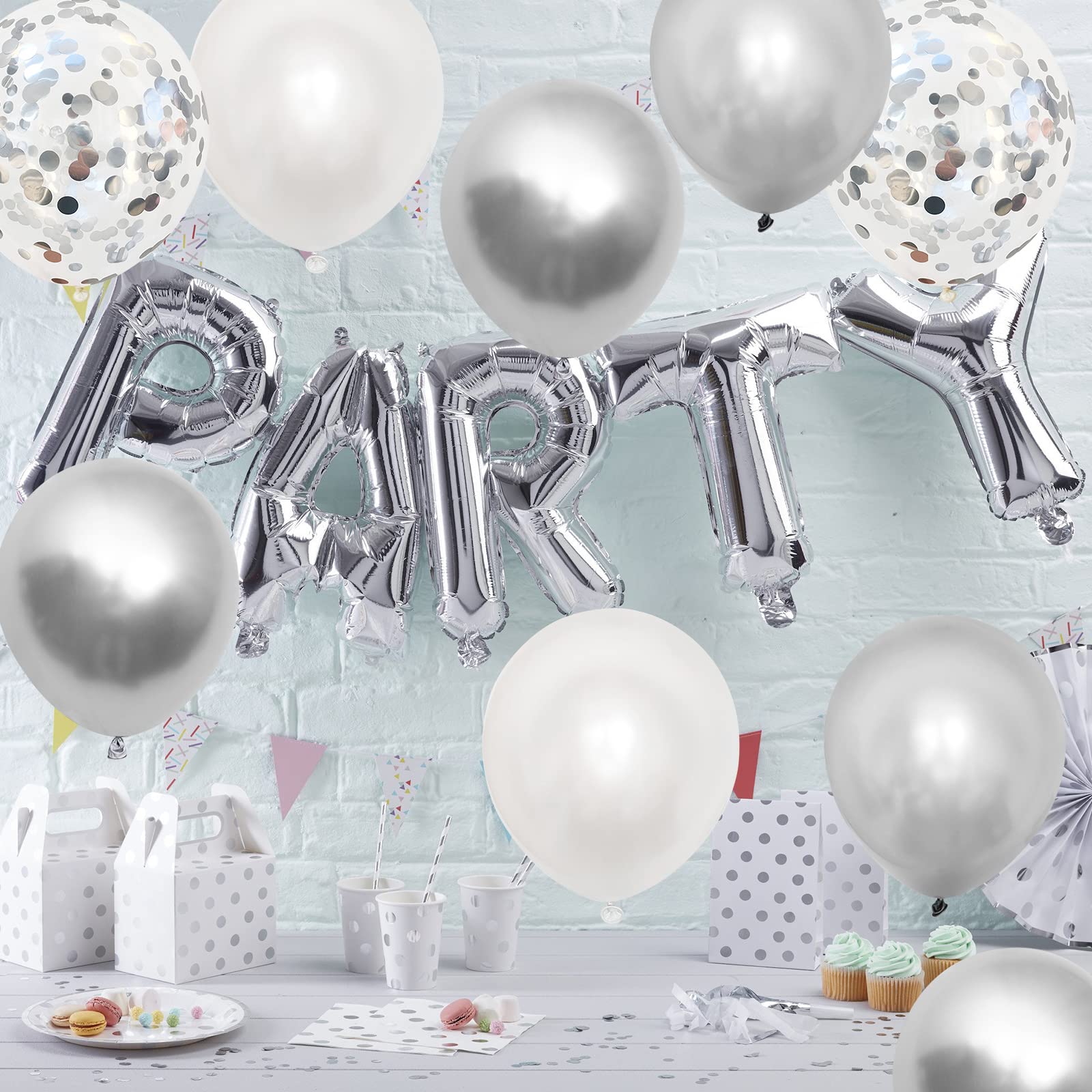 Silver Balloons, 40Pcs 12Inch Metallic Silver White Helium Balloons & Silver Confetti Balloons with Ribbons Glue Dots for Birthday Wedding Baby Shower Engagement Graduate Anniversary Party Decoration