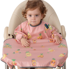 PewinGo Weaning Bib Attaches and Fully Cover to Baby Highchair, Long Sleeves Bib with Waterproof, Machine Washable & Comfortable,Easy to Clean, Suitable for BLW 6 Month to 3 Years Old-Pink