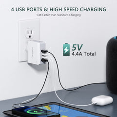 Lencent USB Charger Plug, 4-Port USB Universal Travel Adaptor Plug, 22W/5V 4.4A Wall Charger Worldwide Travel Charger Adapter for iPhone, iPad, Android, Tablets and More