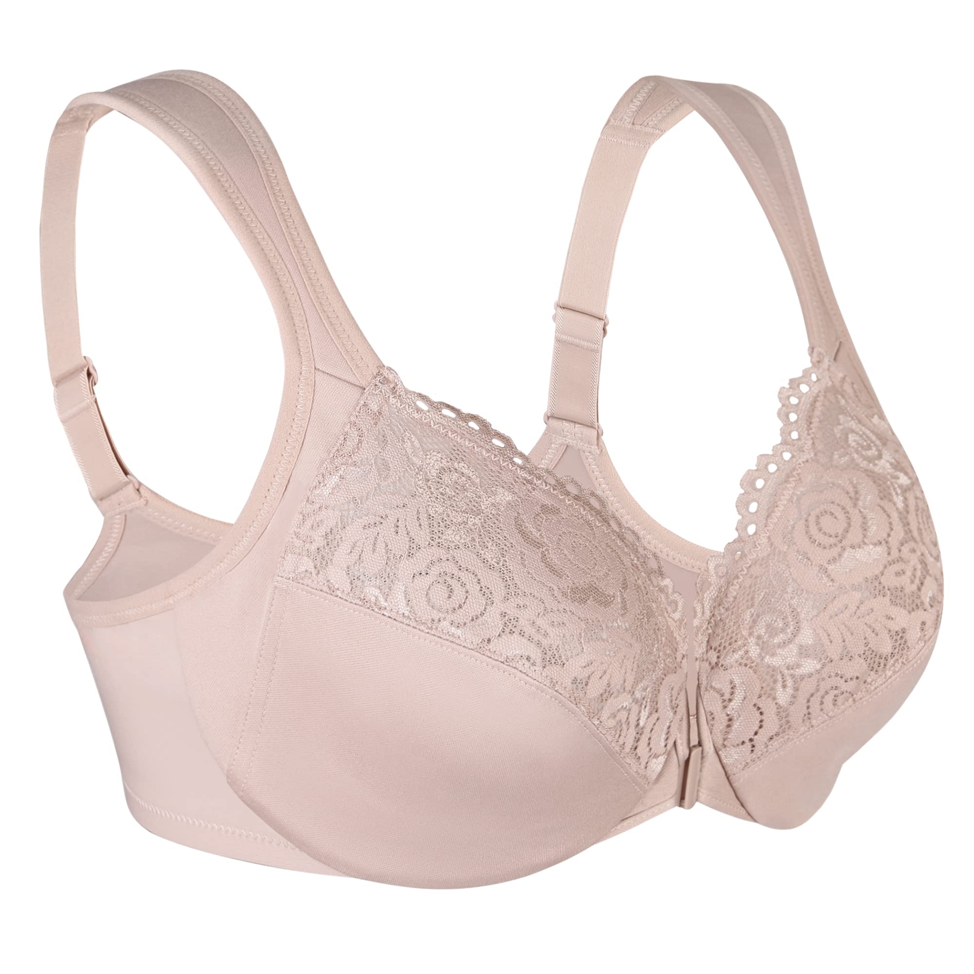 Lemorosy Wide Strap Front Closure Bra Lace Full Figure Underwire(Beige Wide Strap,42C)