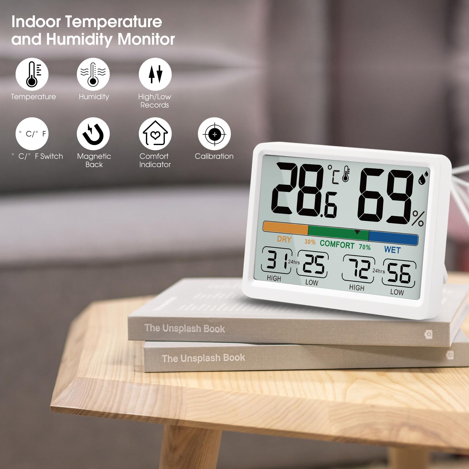 Humidity and Temperature Monitor - AIMILAR Digital Indoor Thermometer with High Low History, ℉ / ℃ Selectable, Easy to Use, Calibrate-able, Magnetic Option and Clear Display