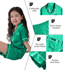 SWOMOG Girls Pyjamas Silk Satin PJs for Kids Boys Short Sleeve Sleepwear Silky Pyjama Sets for Teenage Children Emerald Green