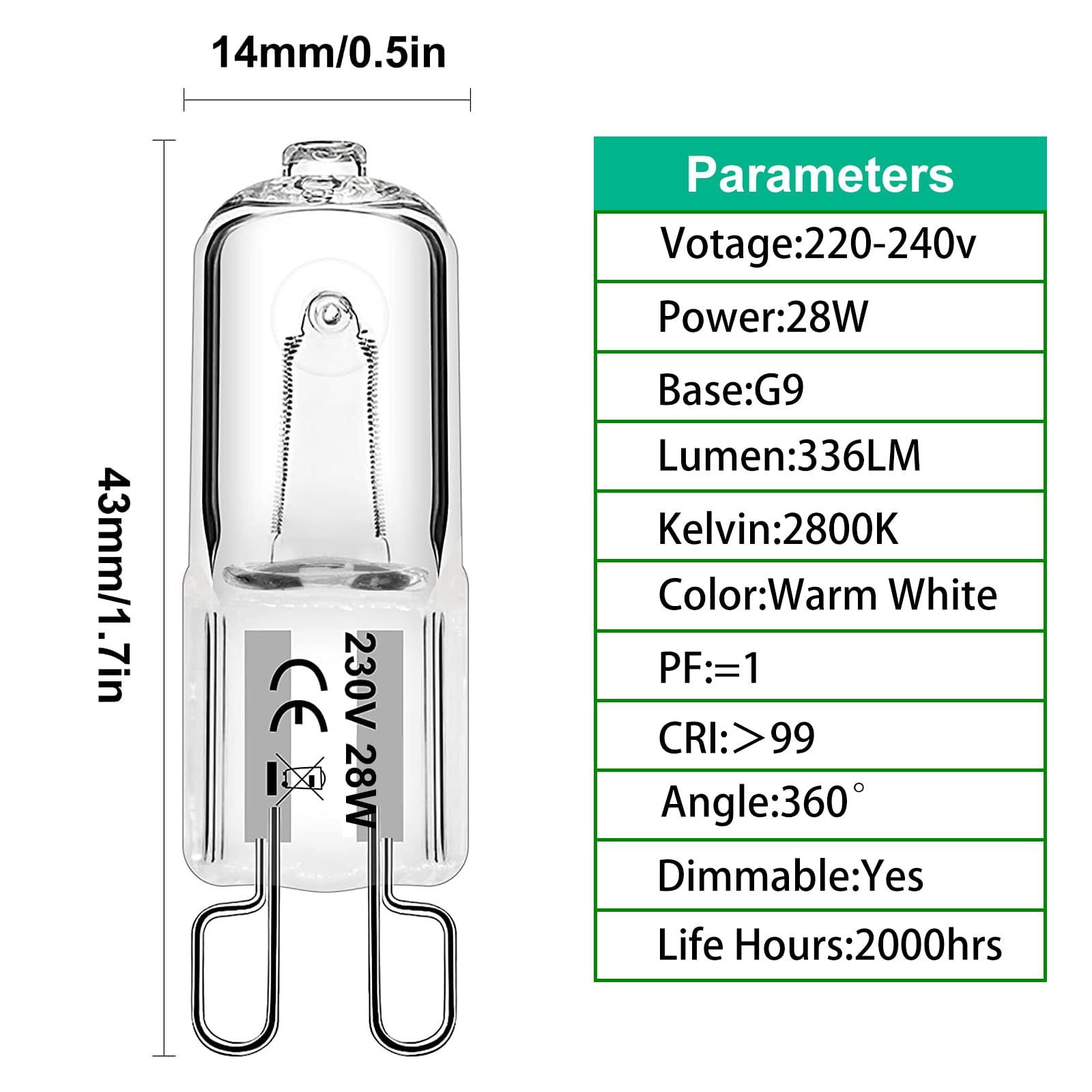 Simusi G9 Halogen Bulbs, G9 28W Light Bulbs, G9 Dimmable Capsule Bulbs, Warm White 230V 2700K, Non-Flicker,6 Pack