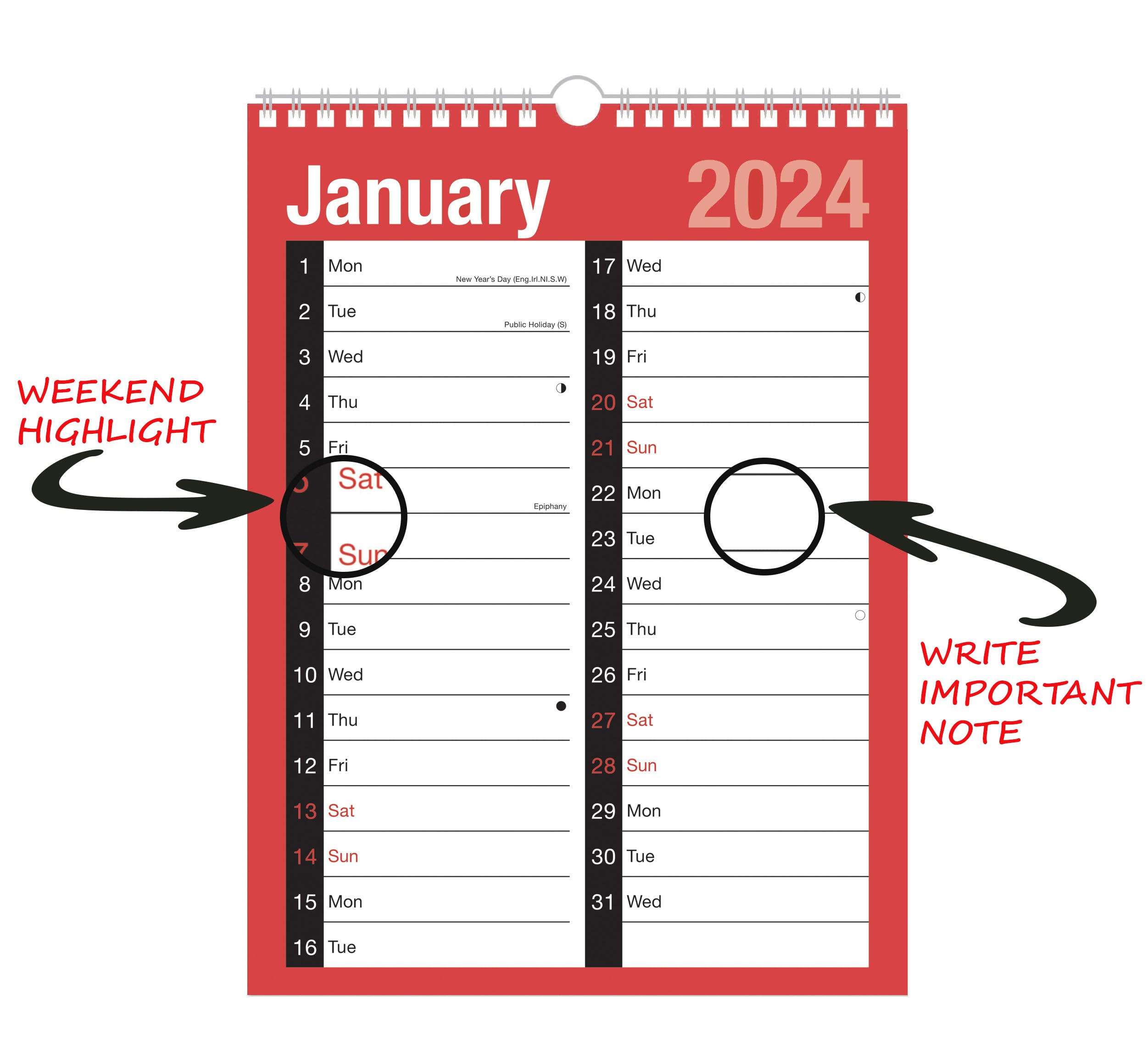 2024 Calendar A4 Large 2 Column Month To View Spiral Bound Wall Planner for Home Business Office School 1 January 2024 to 31 December 2024