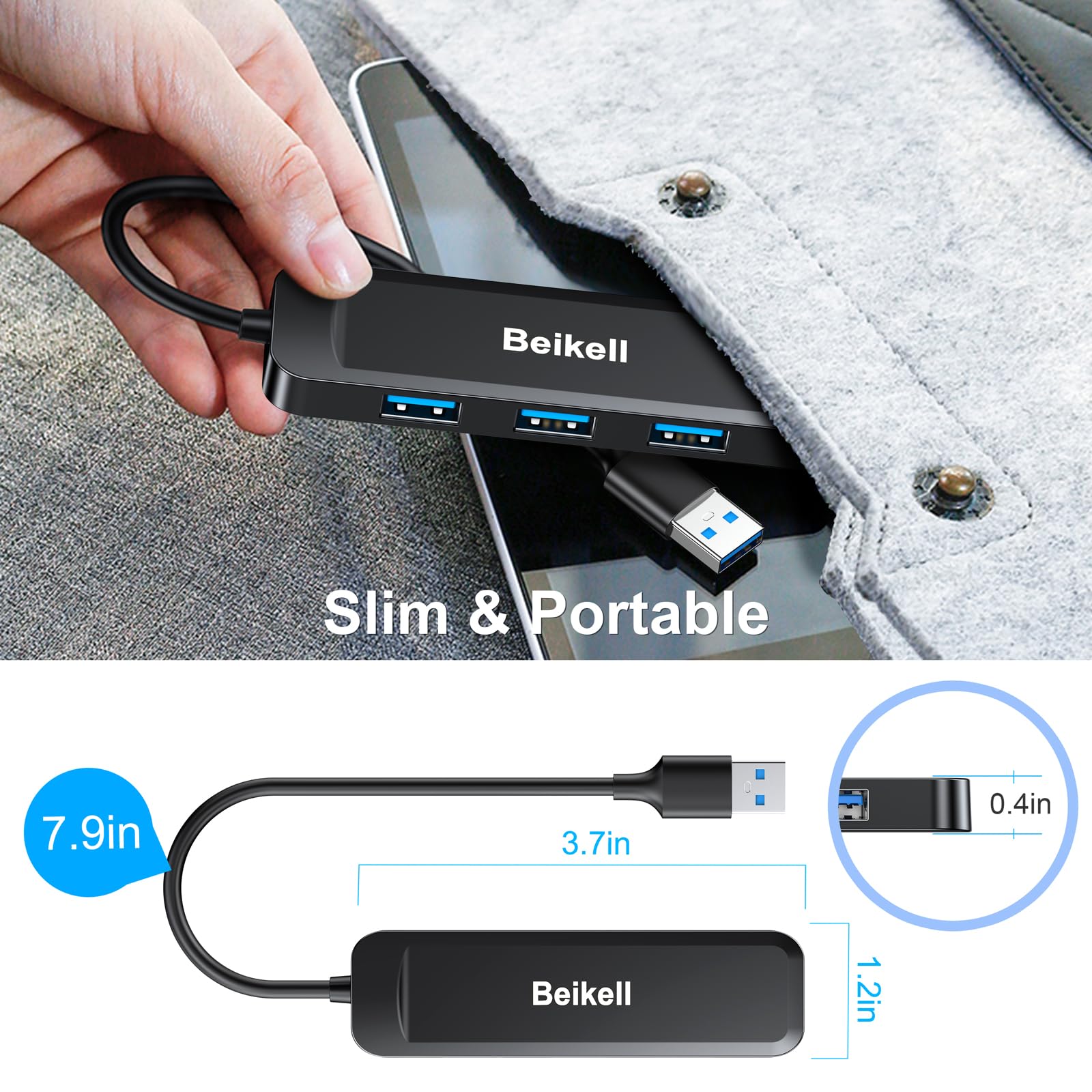 Beikell USB 3.0 Hub, USB Data Hub 4 Ports Ultra Slim High Speed for Macbook, Mac Pro/Mini, iMac, Surface Pro, XPS, USB Drives, Notebook PC, Laptop, External Hard Drives, etc.