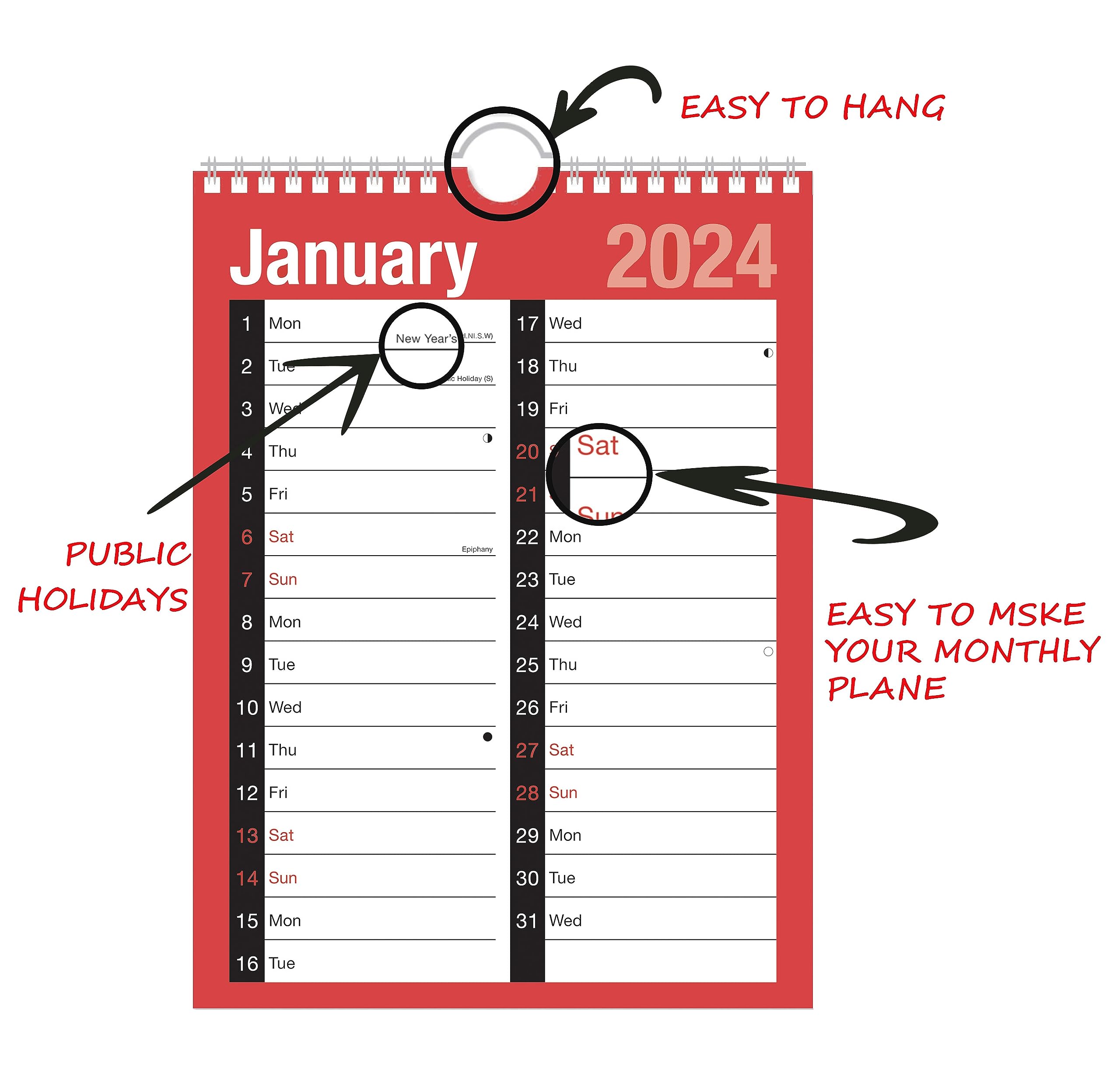 2024 Calendar A4 Large 2 Column Month To View Spiral Bound Wall Planner for Home Business Office School 1 January 2024 to 31 December 2024