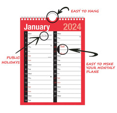 2024 Calendar A4 Large 2 Column Month To View Spiral Bound Wall Planner for Home Business Office School 1 January 2024 to 31 December 2024