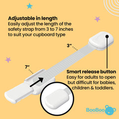 BooBoo® (10 PACK) Premium Cabinet Locks Baby Proofing, Child Proof Cabinet Locks with 3M Adhesive, Drawer Locks Baby Proofing Cabinets with No Drilling, 3M Adhesive and 4 Extra Stickers