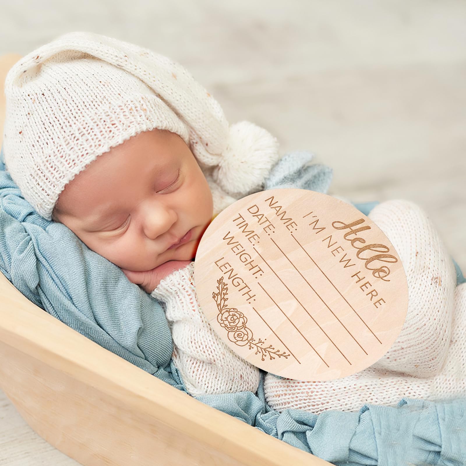 Ouligay Baby Announcement Sign 5.9 Inch Round Wooden Hello World Baby Sign Newborn Welcome Sign Baby Birth Sign Baby Name Sign for Hospital Photo Prop Baby Shower Nursery