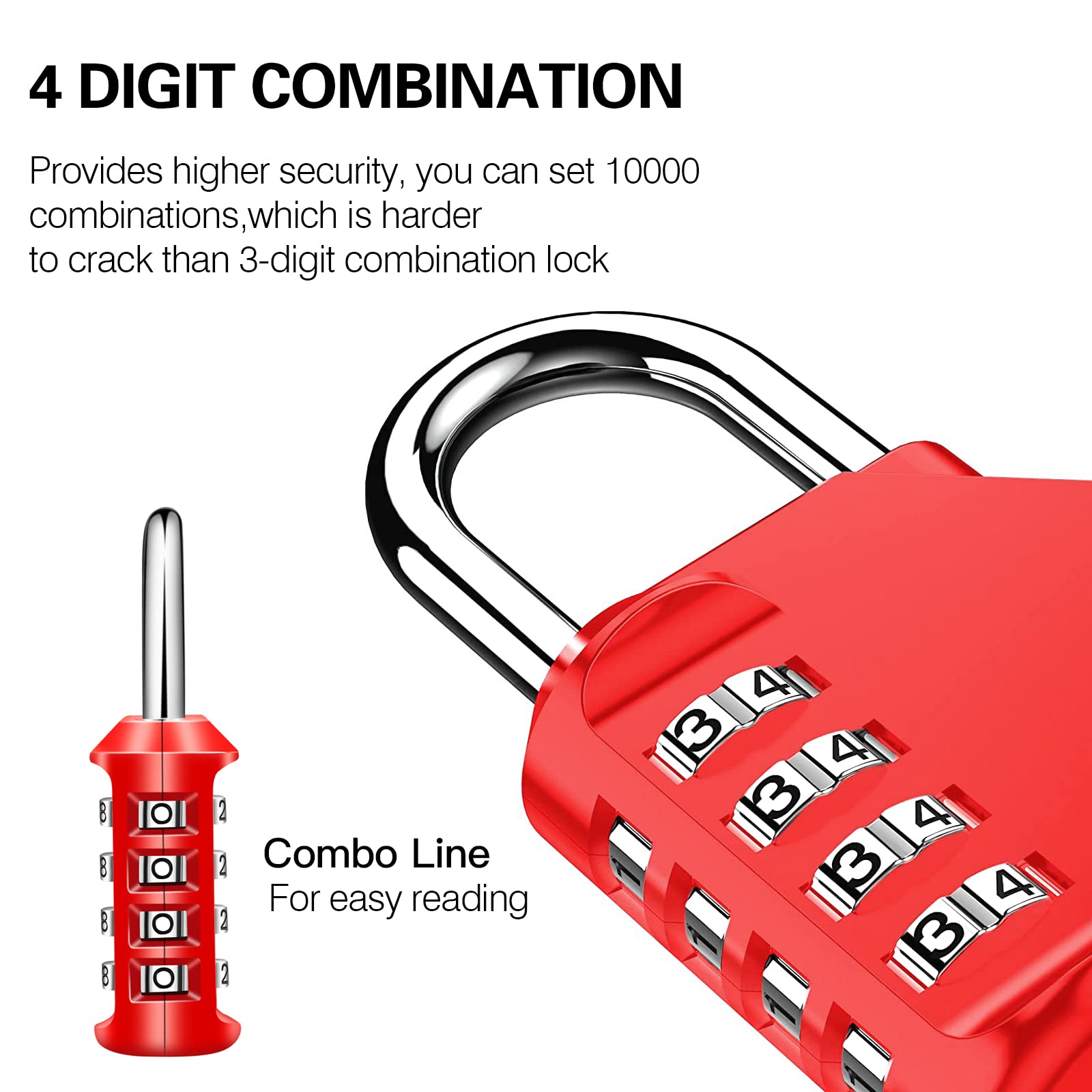 Padlock,4 Digit Code Padlock Zinc Alloy Heavy Duty Locker Lock 1 Pack Padlock for Gym, School, Gate, Fence, Storage Case, Tool Box(Red)