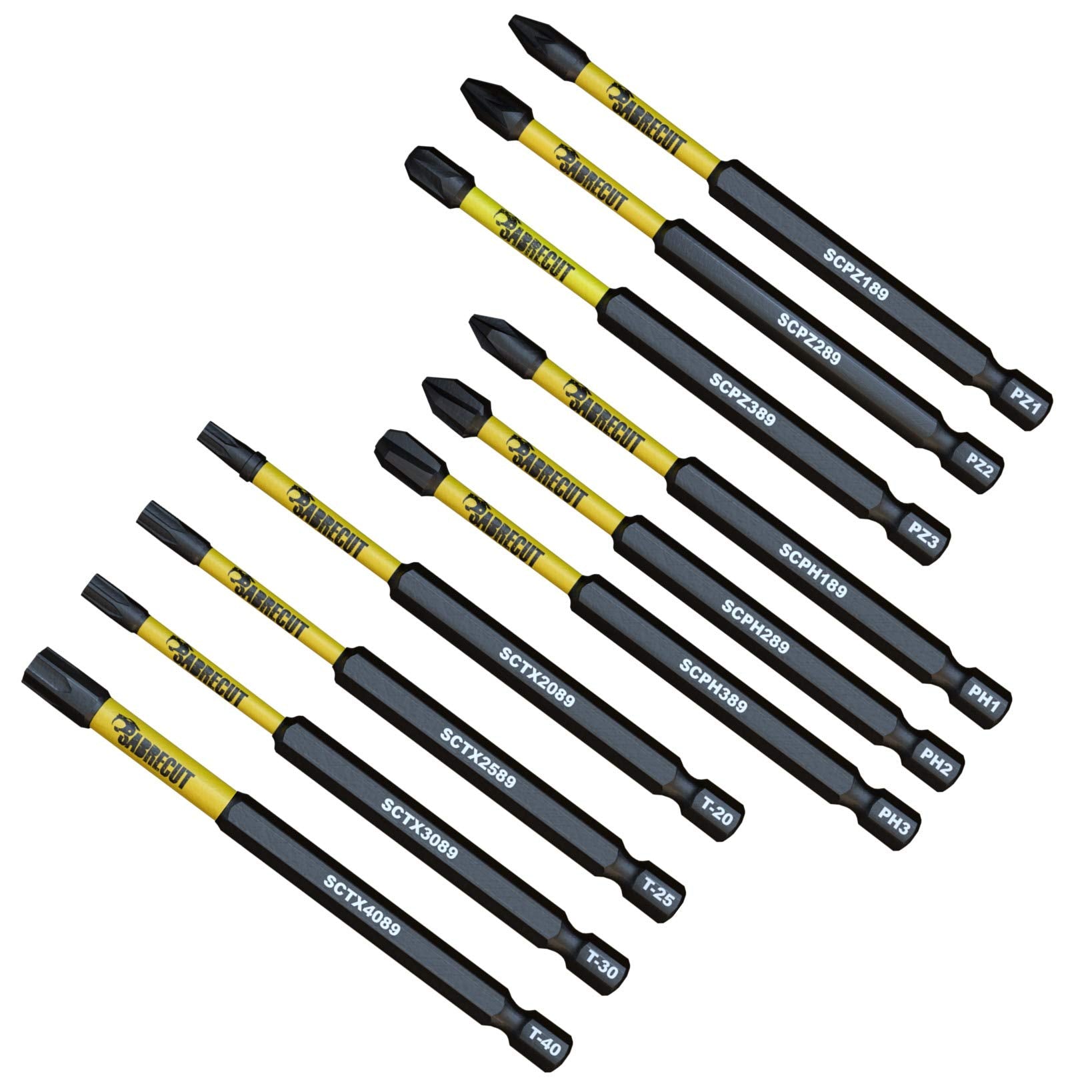 10 x SabreCut SCRK89 89mm PZ1 PZ2 PZ3 PH1 PH2 PH3 TX20 TX25 TX30 TX40 Magnetic Impact Screwdriver Driver Bits Set Pozi Pozidrive Phillips Torx Compatible with Dewalt Milwaukee Bosch Makita etc