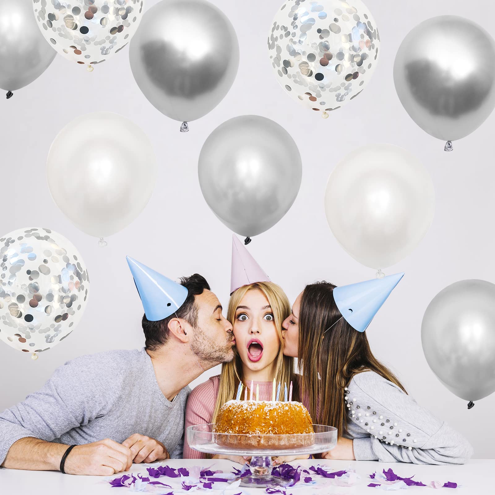 Silver Balloons, 40Pcs 12Inch Metallic Silver White Helium Balloons & Silver Confetti Balloons with Ribbons Glue Dots for Birthday Wedding Baby Shower Engagement Graduate Anniversary Party Decoration