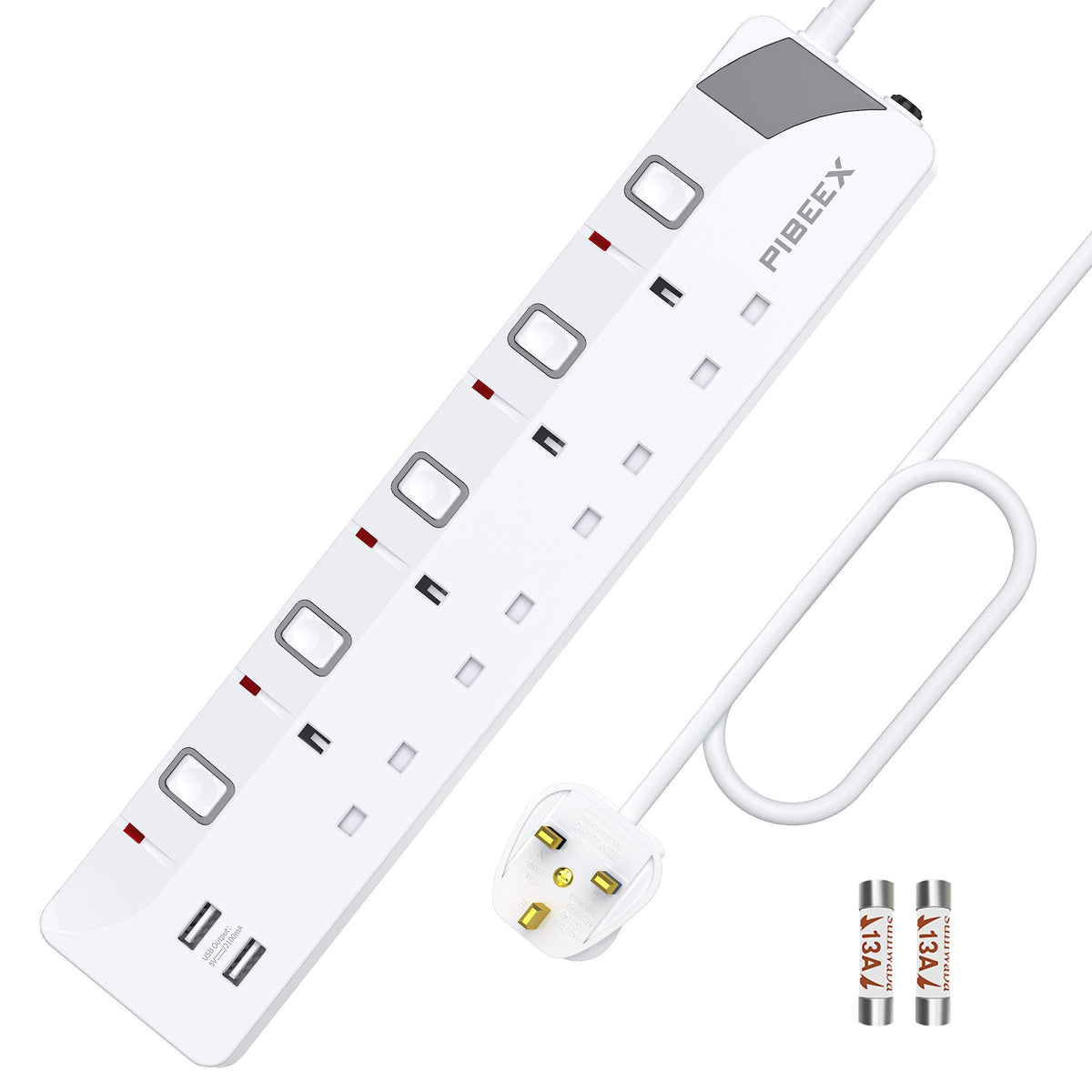 PIBEEX Extension Lead with 4 Way Plug Sockets, 13A, Individual Switches, 2 USB Ports, 2M Extension Cord, 3250W Power Strips for Mounting