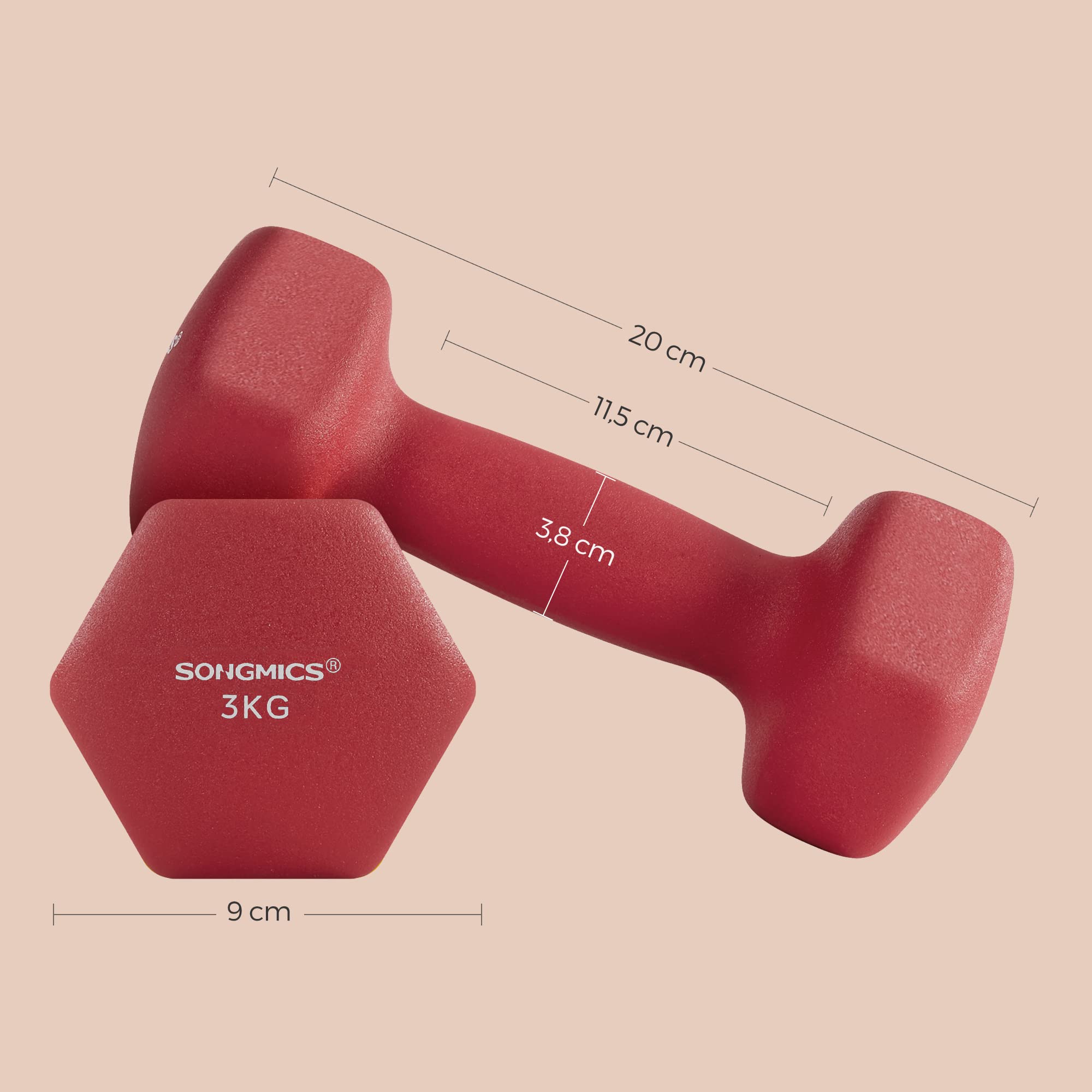 SONGMICS Set of 2 Dumbbells, 2 x 3 kg Hand Weights with Neoprene Coating, Hexagonal Dumbbells Pair, Home Workout, Fitness Training Exercise, Red SYL66RD