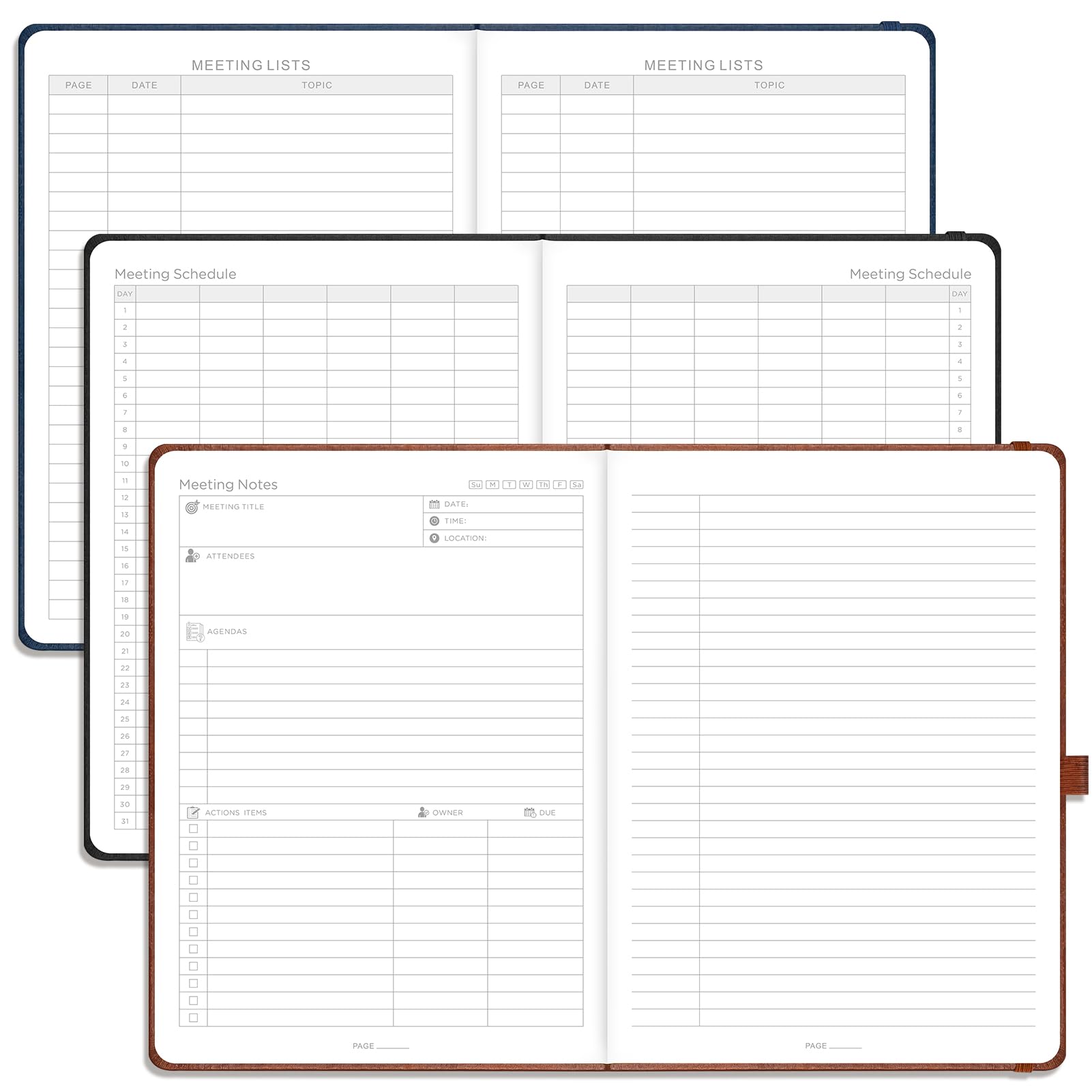 EMSHOI Meeting Notebook A4 Project Organiser - 240 Pages Hardback Notepad with Sticky Notes,100gsm Paper, Pen Loop, Inner Pocket, Leather Journal for Women Men Work Business, 21.5 x 29cm - Blue