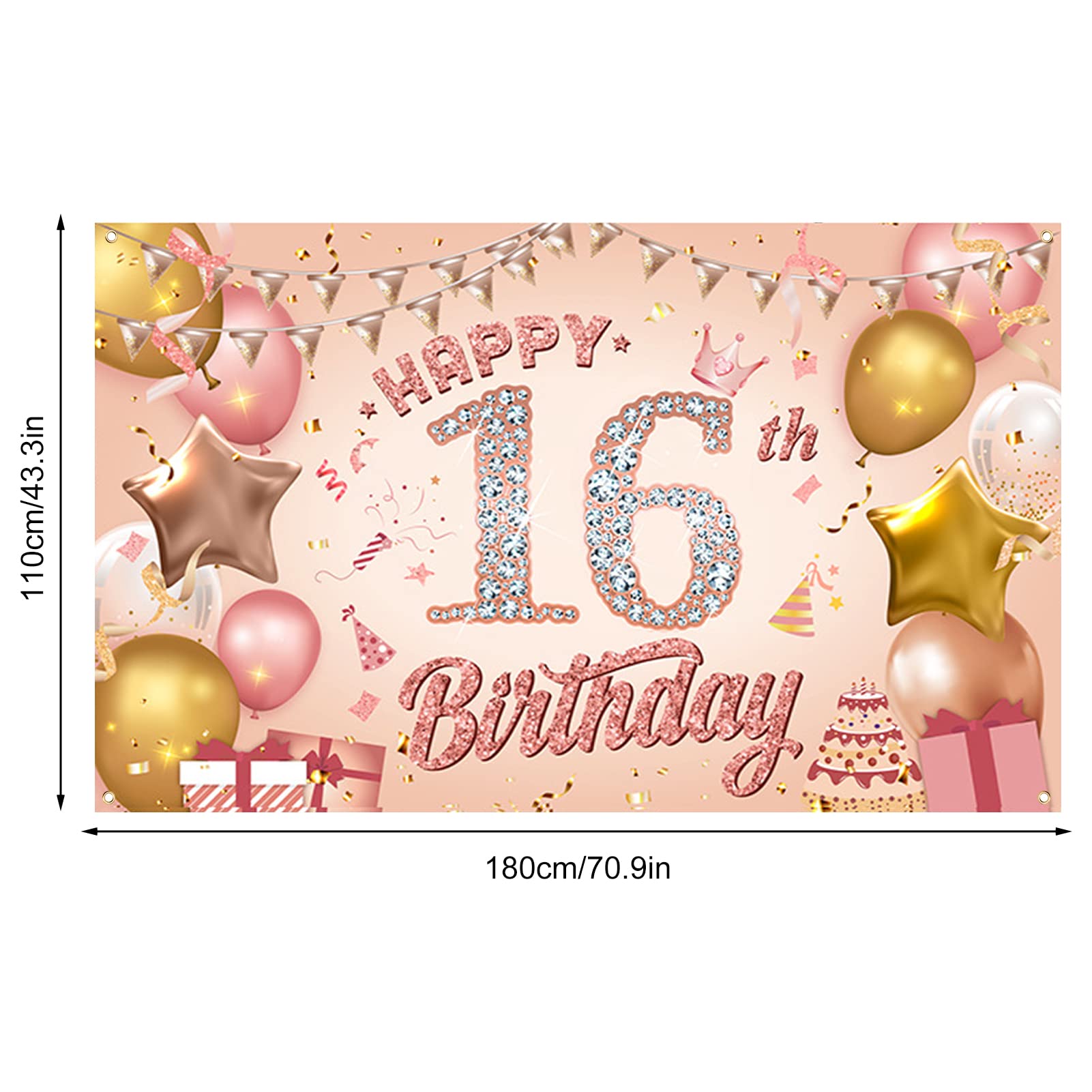 Pinenuts Happy 16th Birthday Banner Rose Gold Birthday Party Decorations Backdrop, Birthday Sign Poster Birthday Photo Background Fabric Banner for Girls Women, 110 x 180 cm( 16th)