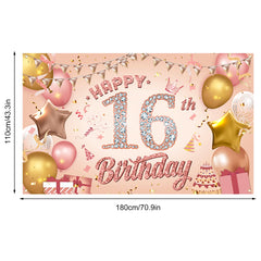 Pinenuts Happy 16th Birthday Banner Rose Gold Birthday Party Decorations Backdrop, Birthday Sign Poster Birthday Photo Background Fabric Banner for Girls Women, 110 x 180 cm( 16th)