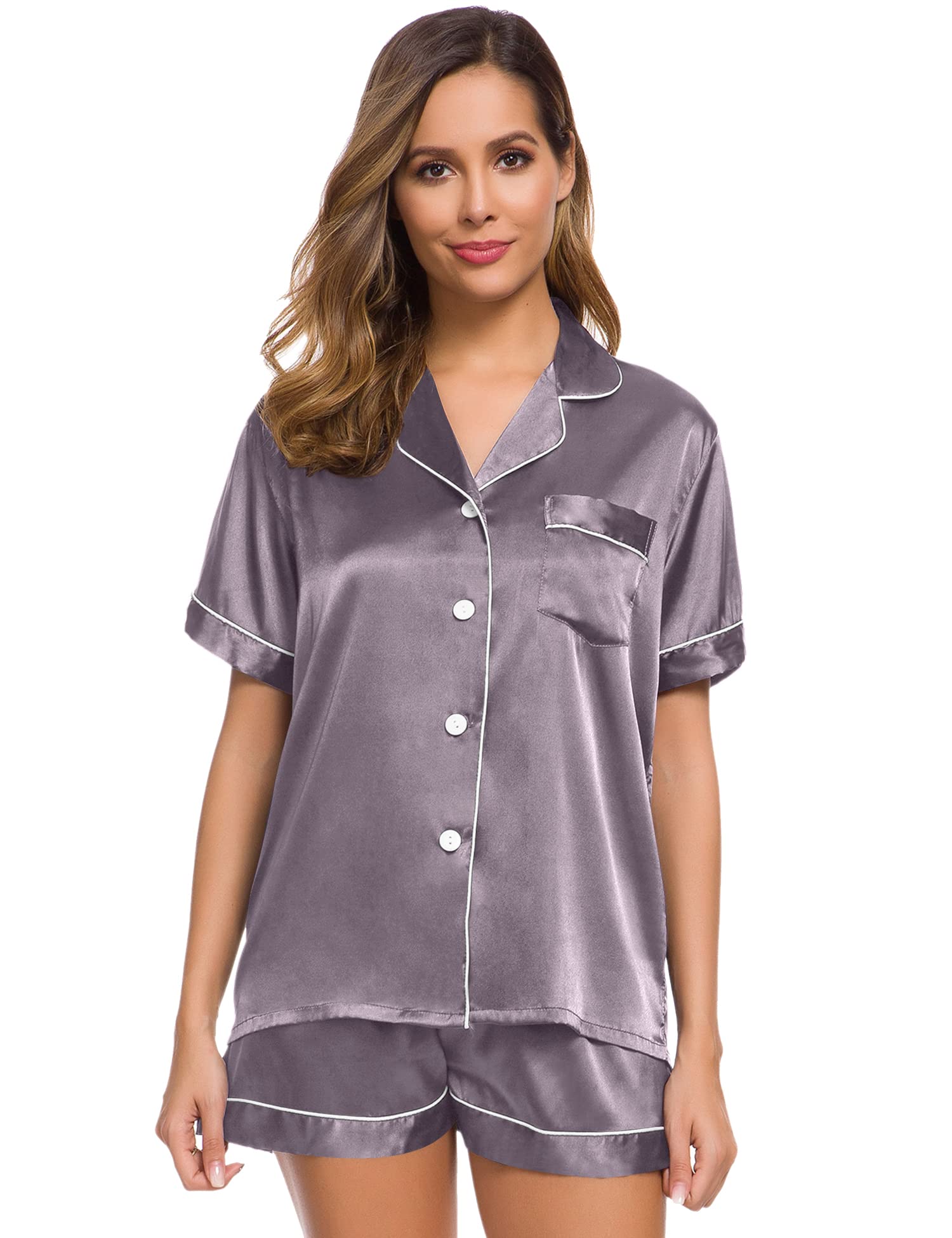 SWOMOG Pyjama Set Women Silk Satin Pyjamas Short Sleeve Pjs Two-Piece Loungewear Button-Down Pj Sets