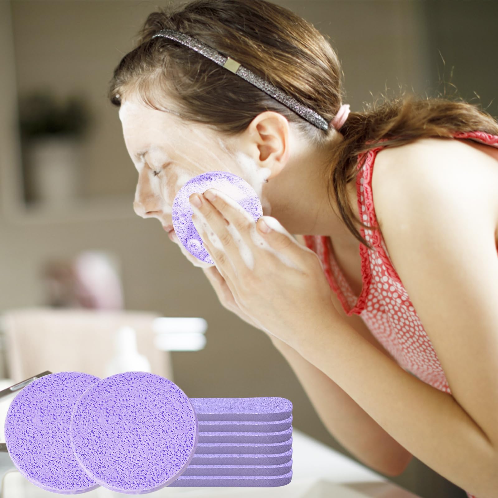 48 Pcs Facial Sponges, Compressed Face Cleansing Sponge Cellulose Face Sponge for Men Women Massage Makeup Removal(Purple)