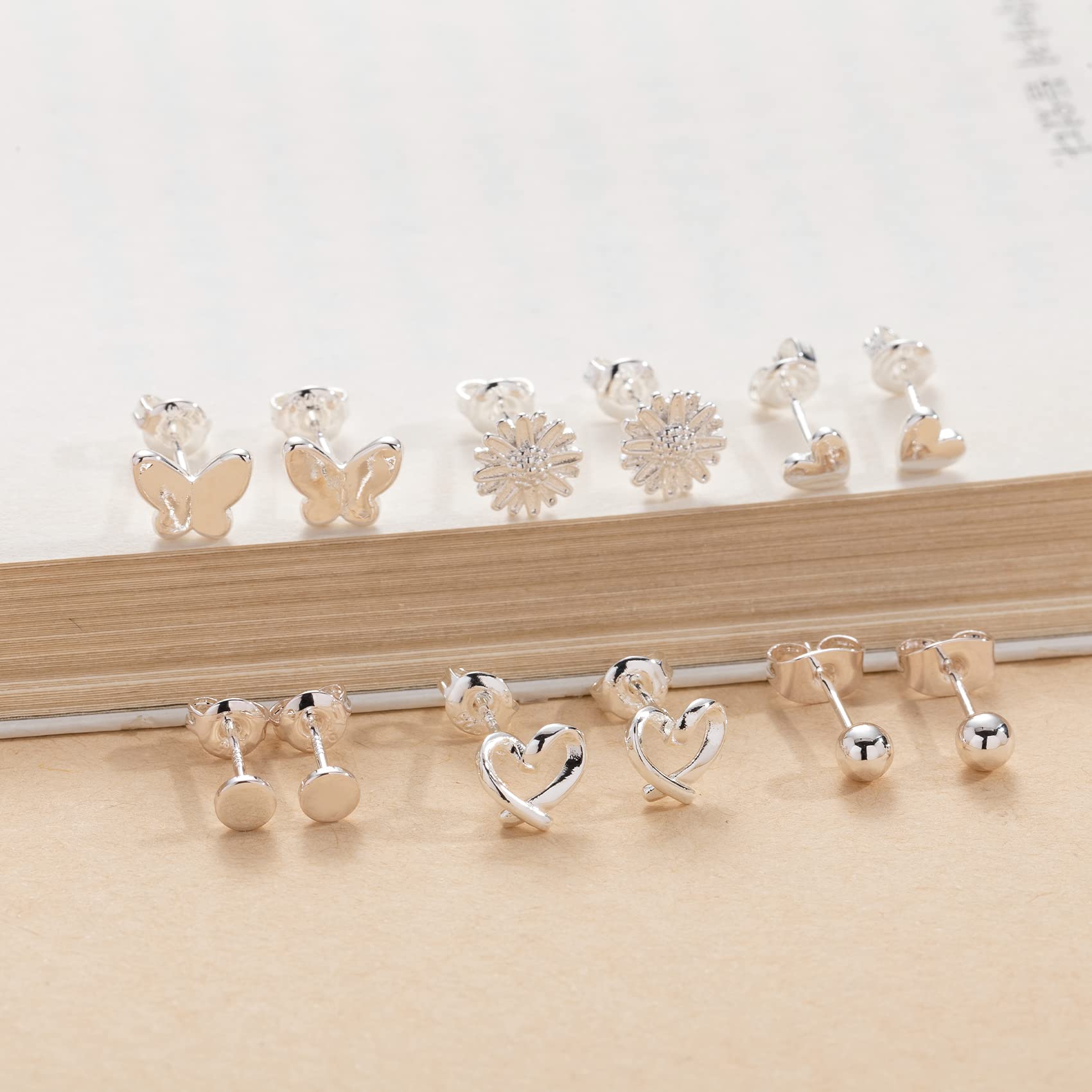 6Pairs Silver Studs Earrings for Women Sterling Silver Stud Earrings 6Pairs Silver Studs Earrings for Women Star Moon Ball Heart Studs Earrings Sets for Teens Girls Gifts with Boxs