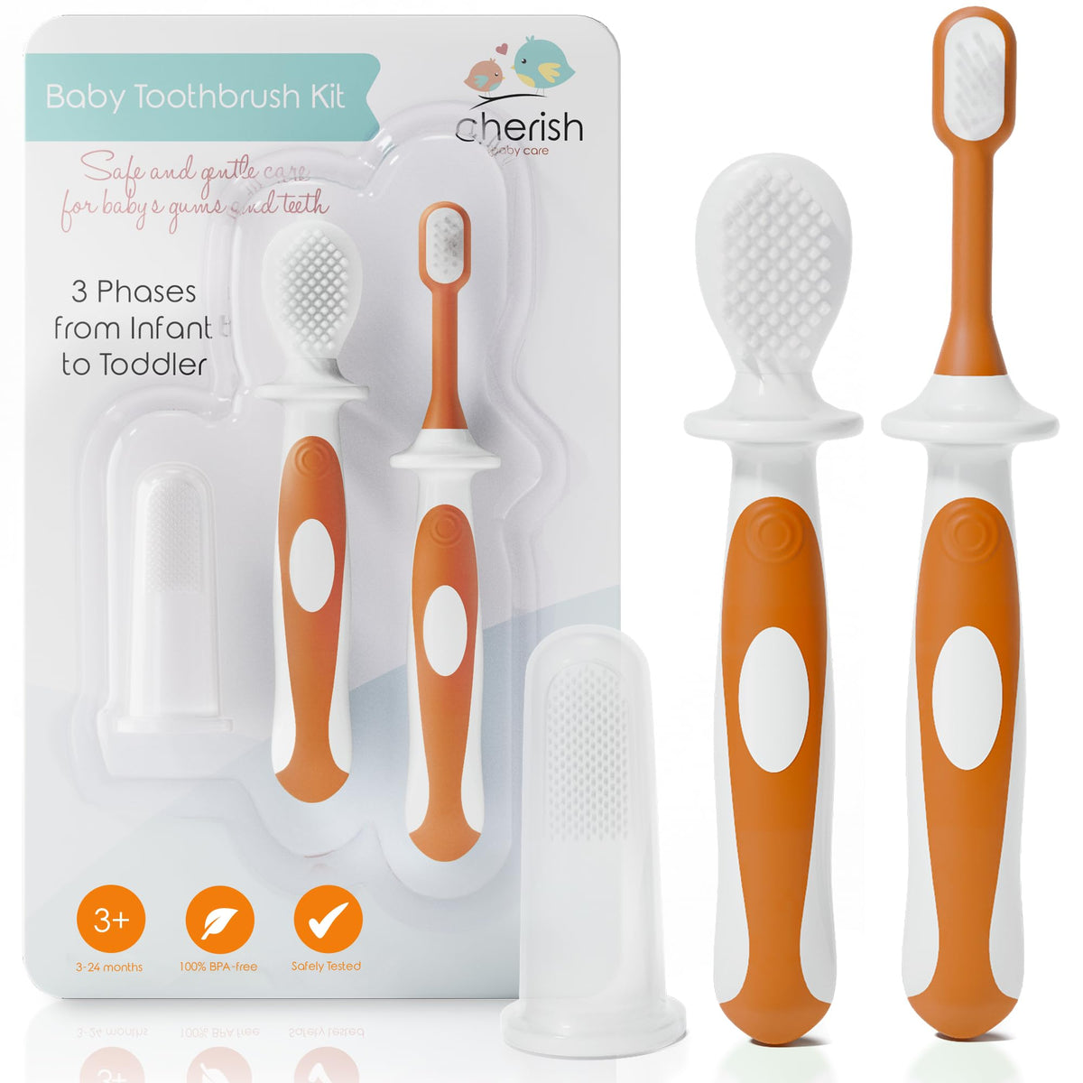 Cherish Baby Care Baby Toothbrush 0-2 Years - Safety-Tested & BPA-Free 3-Pack (Finger Toothbrush Baby, Silicone Toothbrush Baby, and Toddler Toothbrush) - Baby's First Toothbrush Kit (Orange)