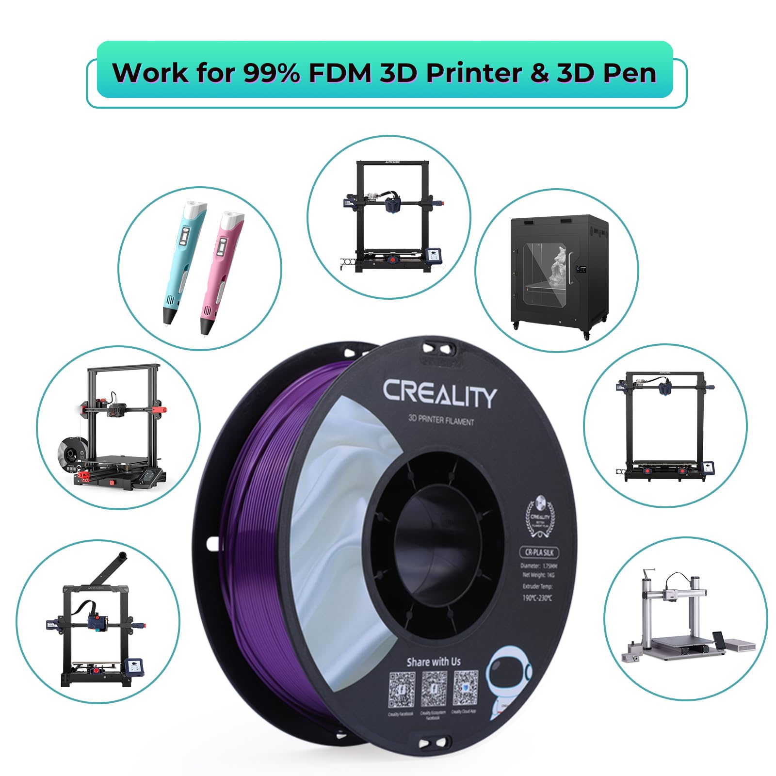 Creality PLA 3D Printer Filament, PLA Filament 1.75mm Silk Shiny and/-0.02mm, 3D Printing Filament 1KG/2.2lb, Purple