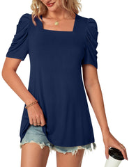 TAOHUADAO Womens Tops Casual Square Neck Puff Short Sleeve Tunic T-shirts for Women,Navy Blue XXL