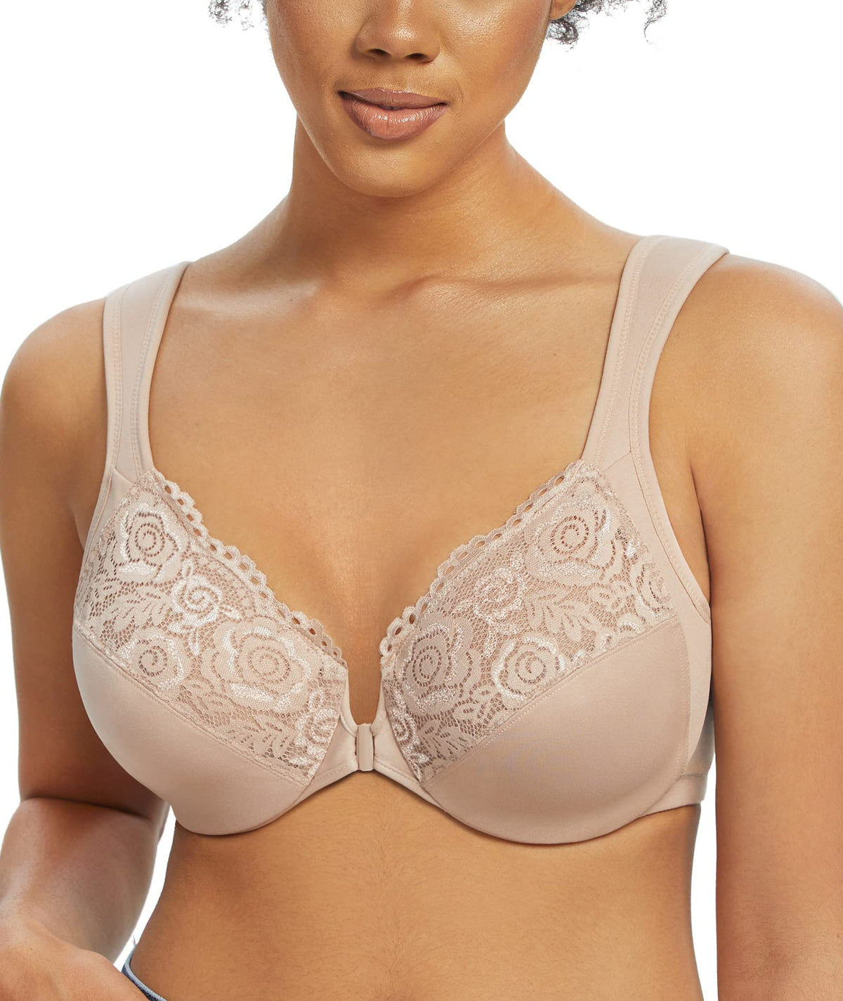 Lemorosy Wide Strap Front Closure Bra Lace Full Figure Underwire(Beige Wide Strap,42C)