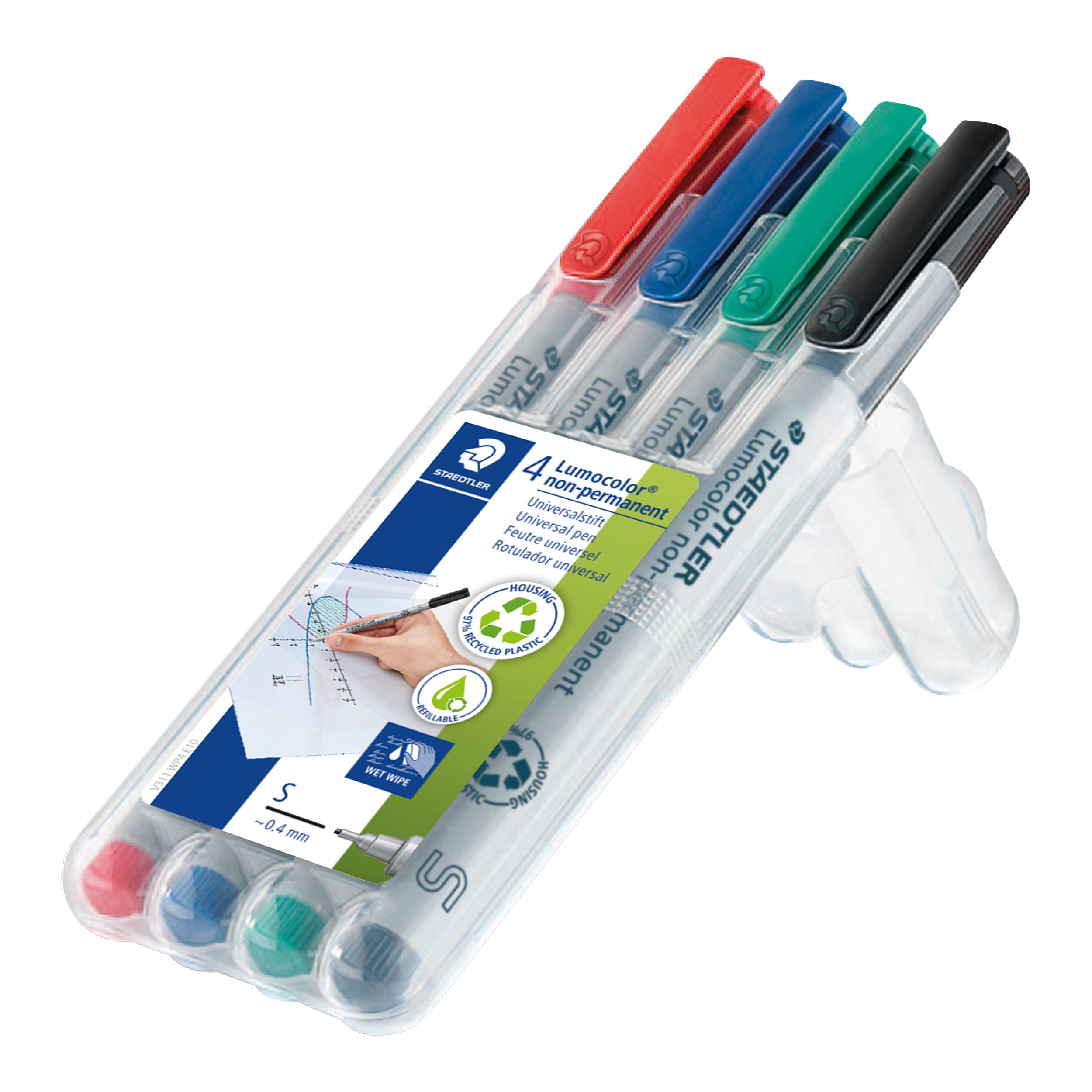 STAEDTLER 311 WP4 Lumocolor Non-Permanent Pen, Superfine Line Width, 0.4mm - Assorted Colours (Pack of 4)