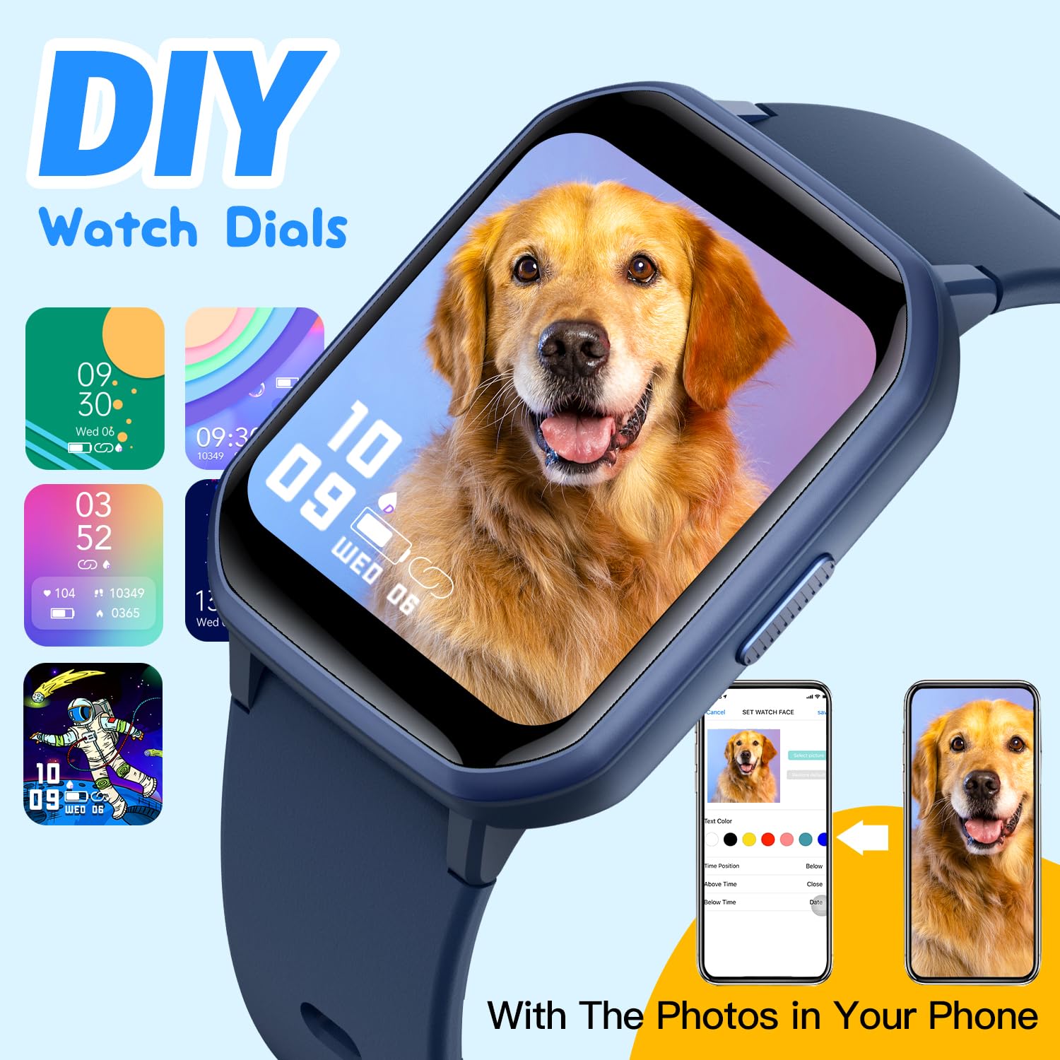 Kids Smart Watch for Boys,IP68 Waterproof Kids Fitness Tracker Watch with 1.5 Inch DIY Face,Heart Rate Sleep Monitor,19 Sport Modes,Calories Counter,Alarm Clock,Great Gifts for Children 6and (Blue)