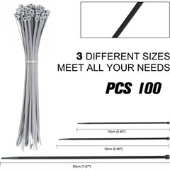 100 Sliver Plastic Cable Ties, 3 Different Sized Tie Wraps, Durable Strong Plastic Material Ensuring Longevity. Self Locking Zip Ties Ideal for Home, Office, Garden and DIY (Silver)