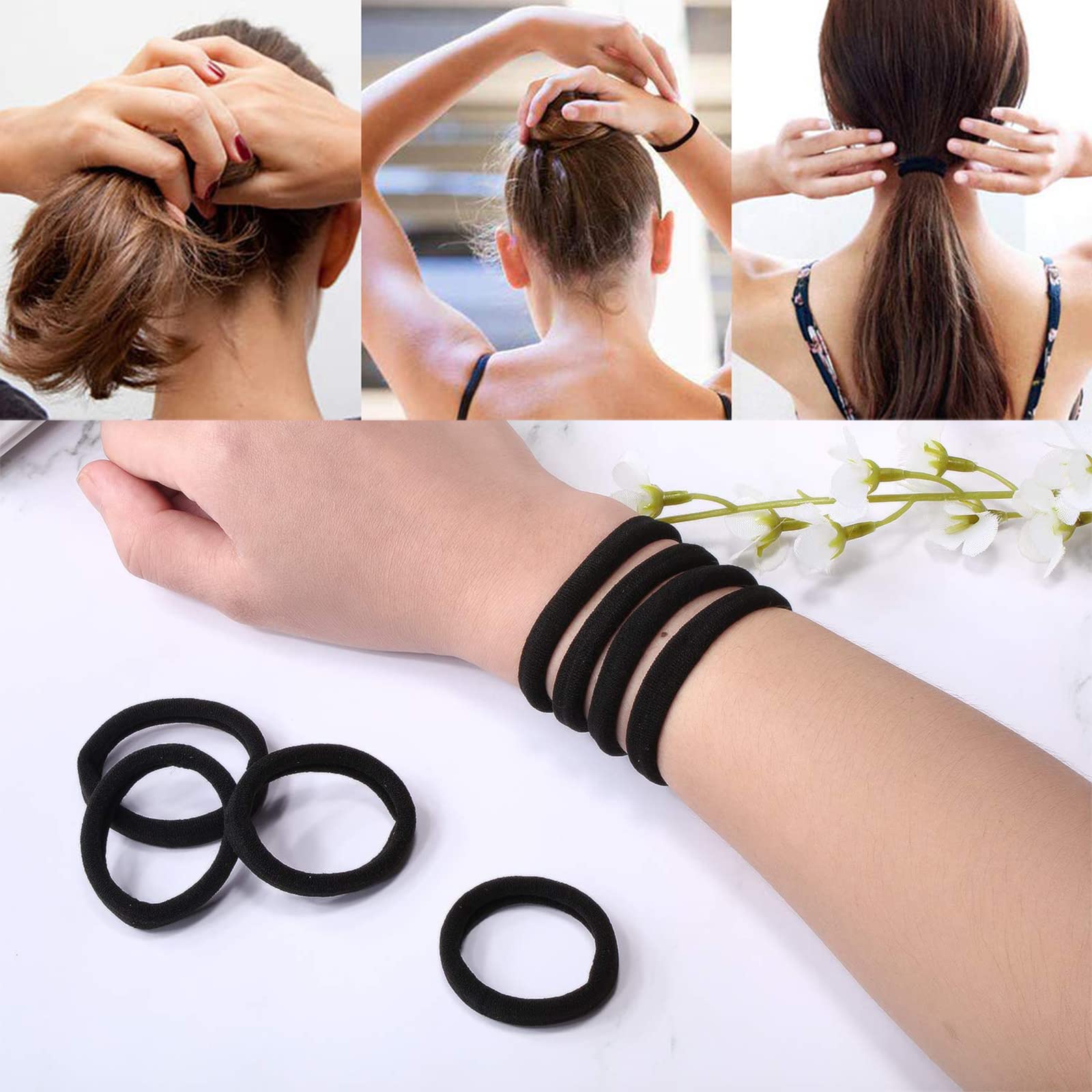 ILamourCar Hair Bobbles for Women, 50 Pcs Soft Hair Ties No Damage, Seamless Hair Bands for Thick Curly Hair (Black)