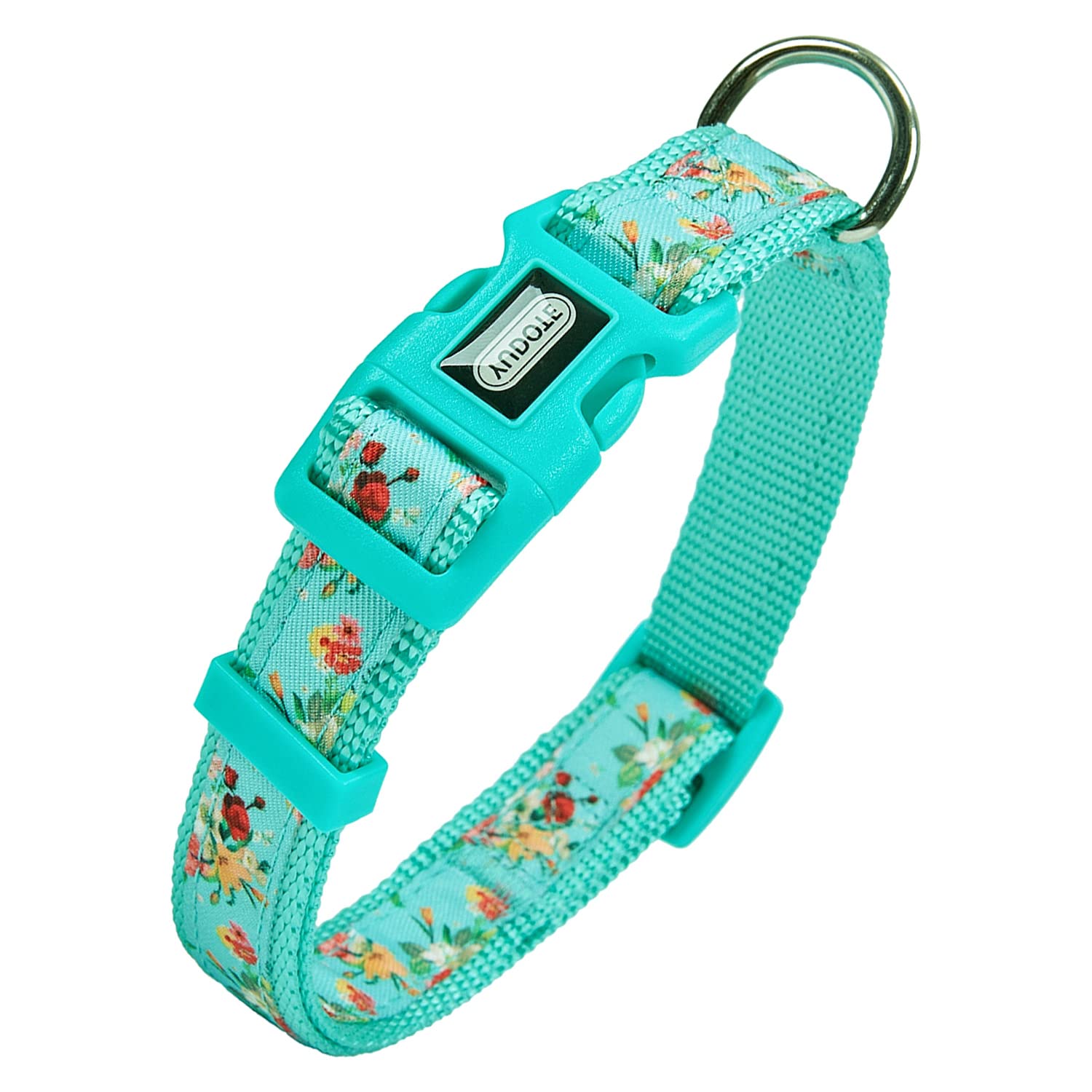 YUDOTE Dog Collar Large Soft Strong Nylon with Floral Printed Ribbon Adjustable for Active Canines Neck 40-66cm,Turquoise Color