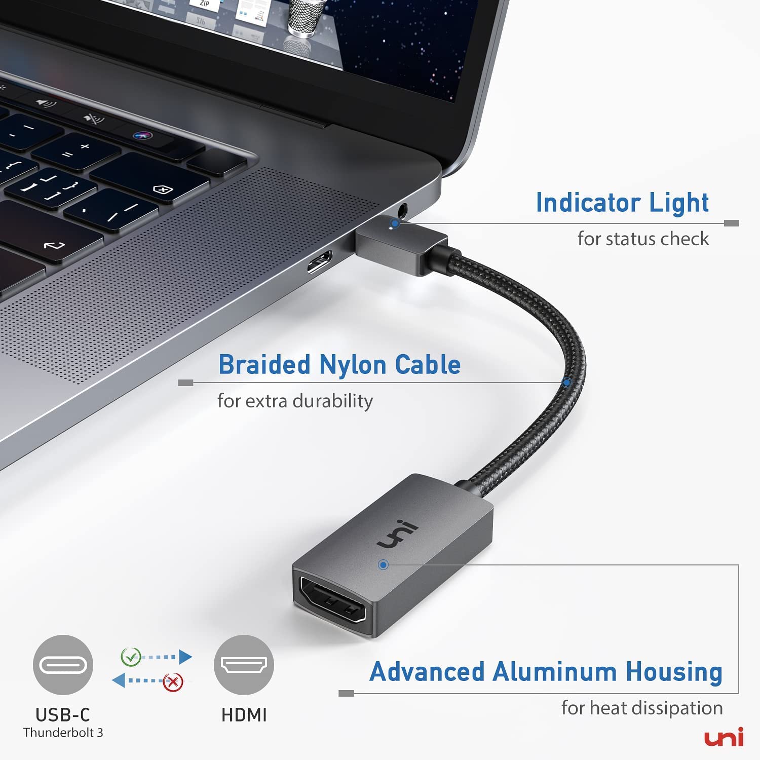 uni USB C to HDMI Adapter 4K, High-Speed HDMI to USB-C Adapter Type C (Thunderbolt 3) HDMI Converter Compatible for iPhone 15 Pro, MacBook Pro/Air, iPad Pro, iMac, Surface, Galaxy S23, Dell, etc.