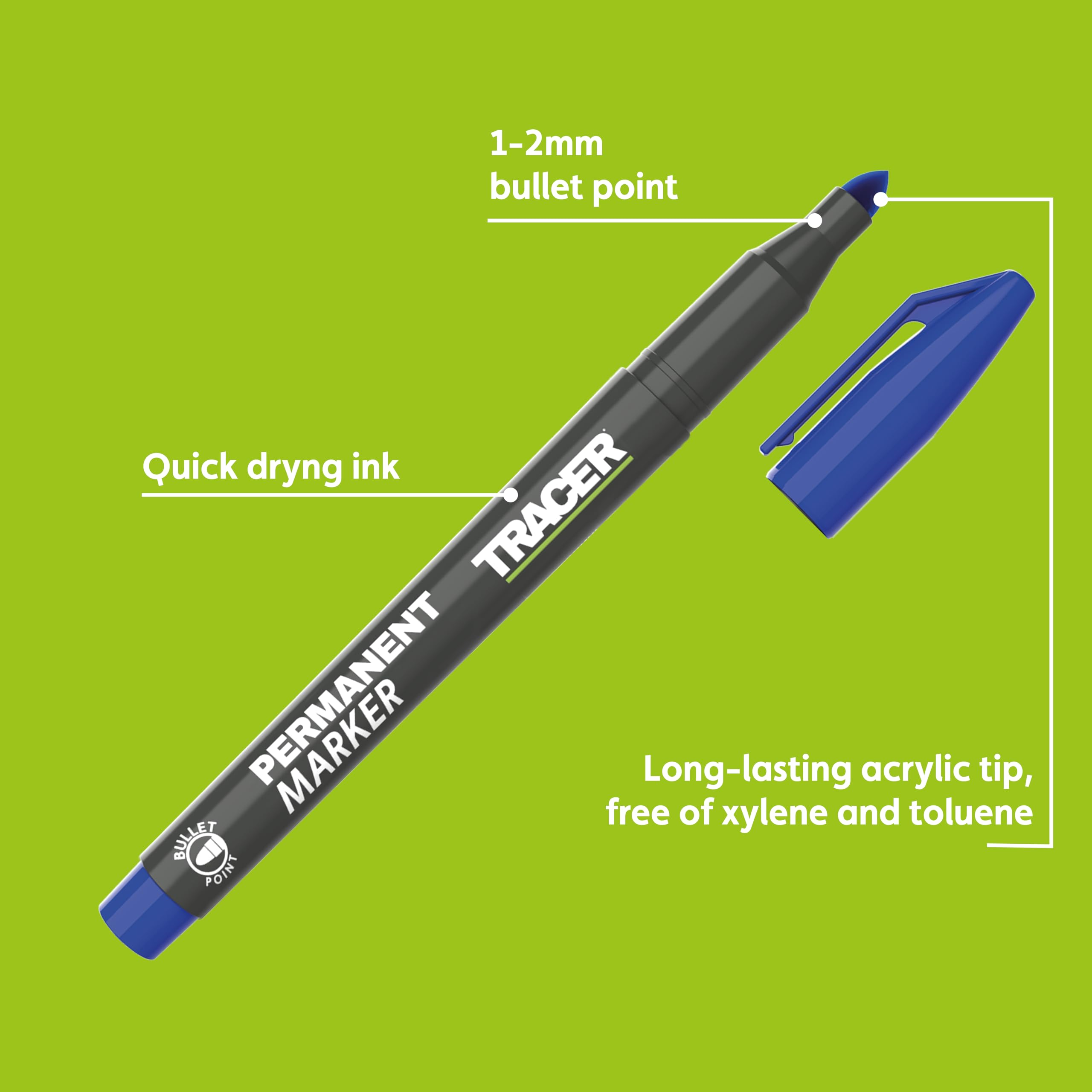 Tracer Fine-Point Permanent Construction Marker (1-2mm Bullet Point General-Purpose Marker with quick-drying ink) – Blue