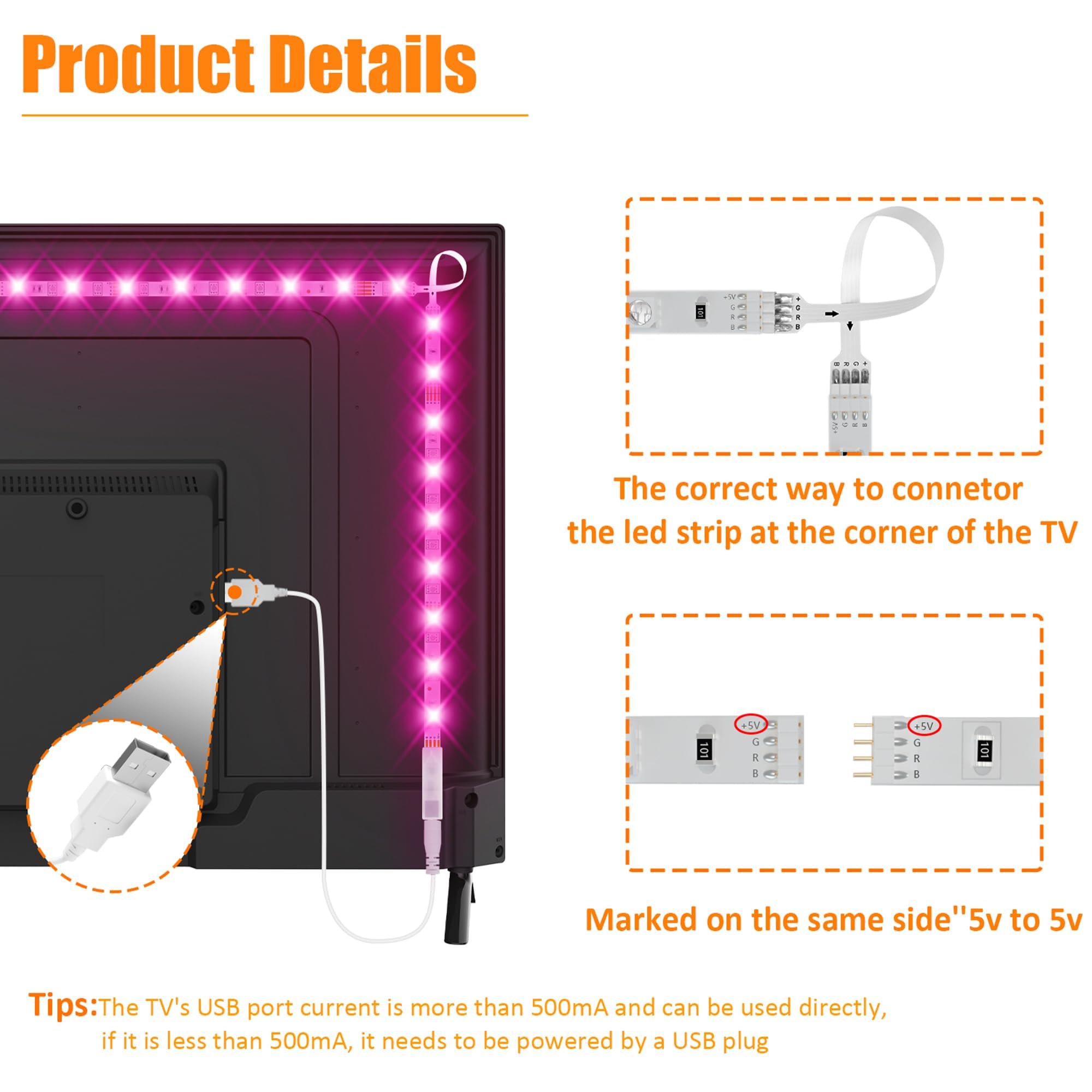 2M LED TV Backlight USB Bias Lighting with 16 Colors and 4 Dynamic Mode for 40 To 60 Inch HDTV,PC Monitor,Led Light Strip.(4pcs x 50cm Led Strips)