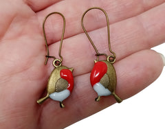 Robin Earrings Resin enamelled mid length dangle earrings in gift box (BronzeRobinKW)