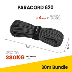 Brotree Paracord 4mm 9 Strands 100% Nylon Rope (15m-30m-50m-100m) Parachute Cord Type III for Survival, Outdoor, DIY - 280kg Breaking Load (Black, 30m)