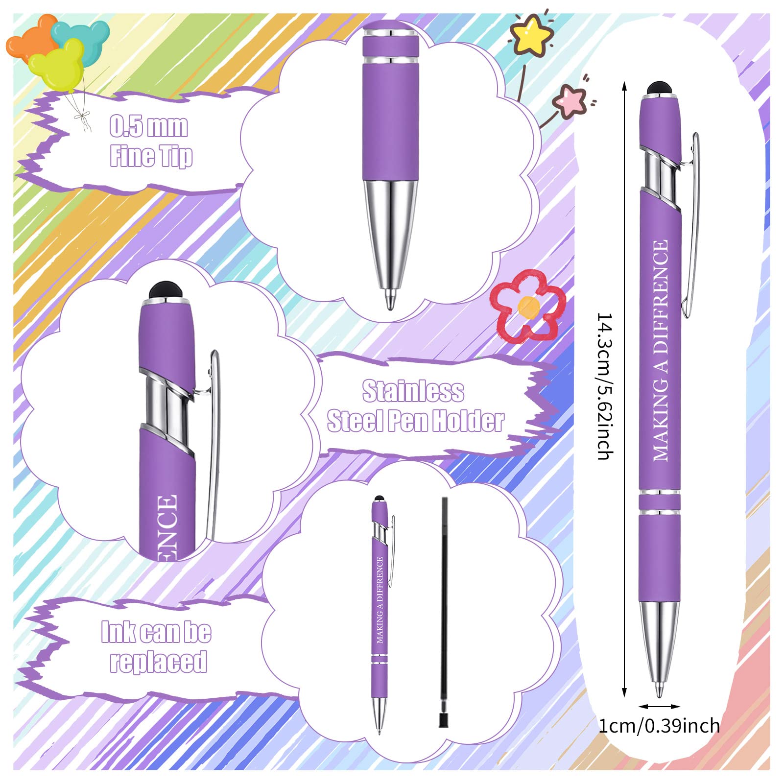 Firtink 10 pieces Quotes Pens Inspirational Ballpoint Pen with Stylus Tip Personalised Motivational Messages Pen Black Ink Metal Ballpoint Pen Novelty Pens for Adults Kids Gifts