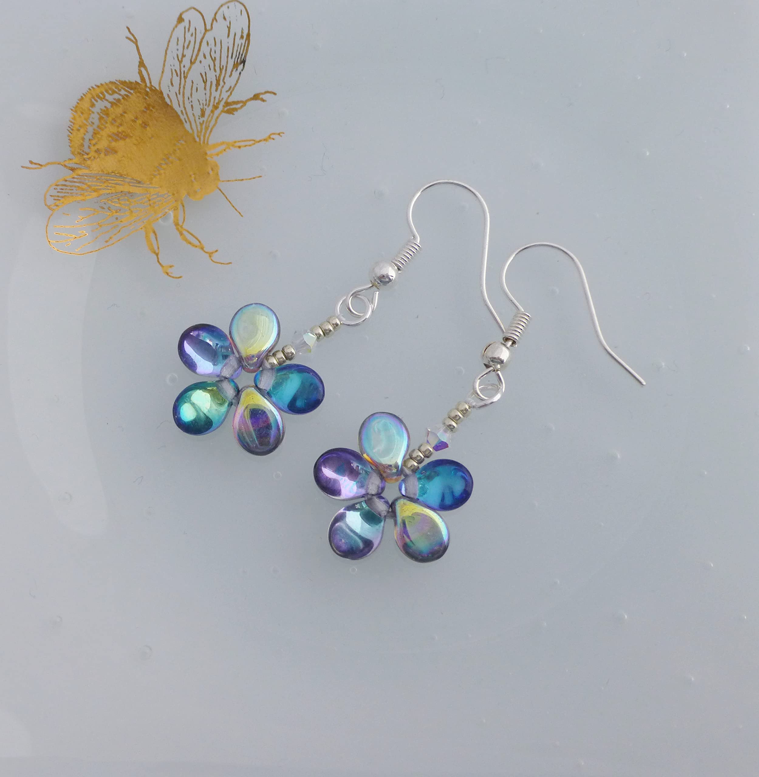 Small Funky Flower Earrings (Blue/Purple Rainbow, sterling-silver)