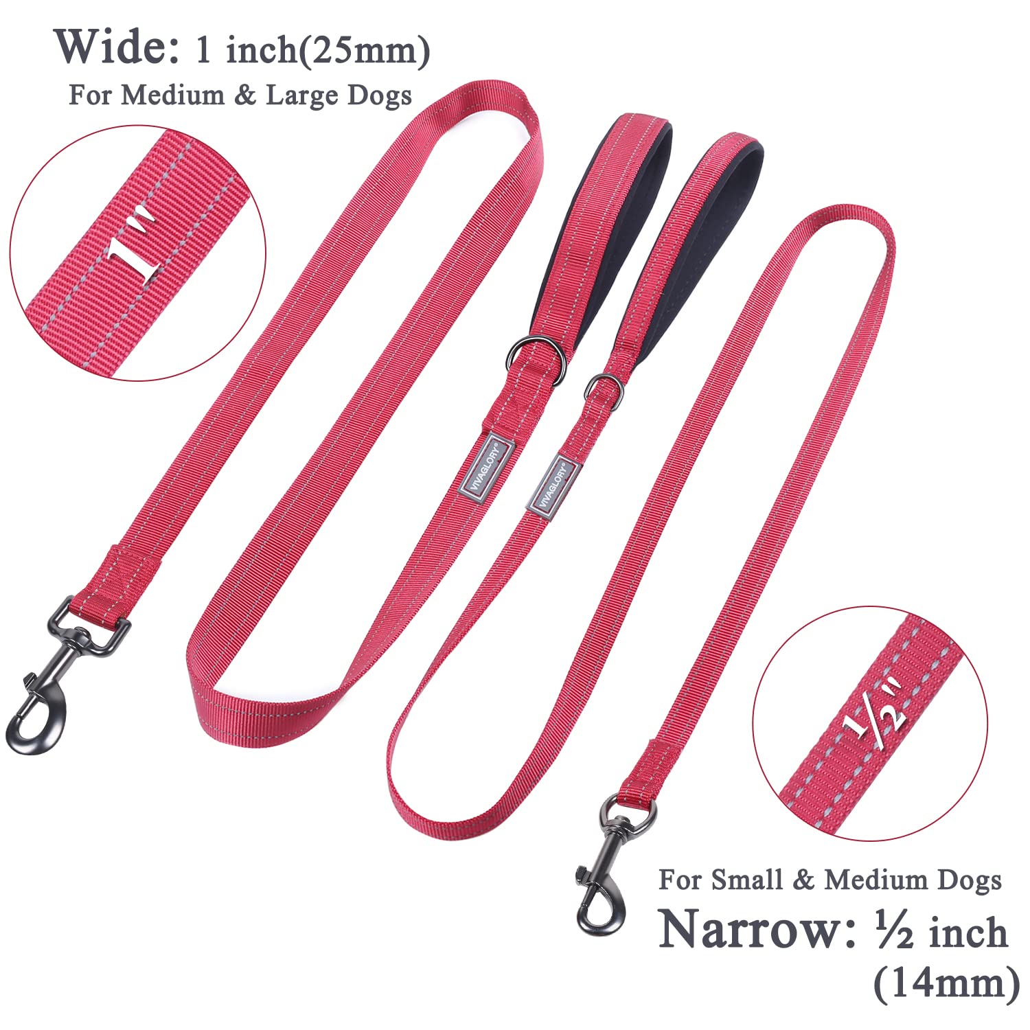 VIVAGLORY Dog Lead, Dog Walking Lead with Comfortable Padded Handle, Reflective for Safety, Heavy Duty Training Lead for Medium & Large Dogs