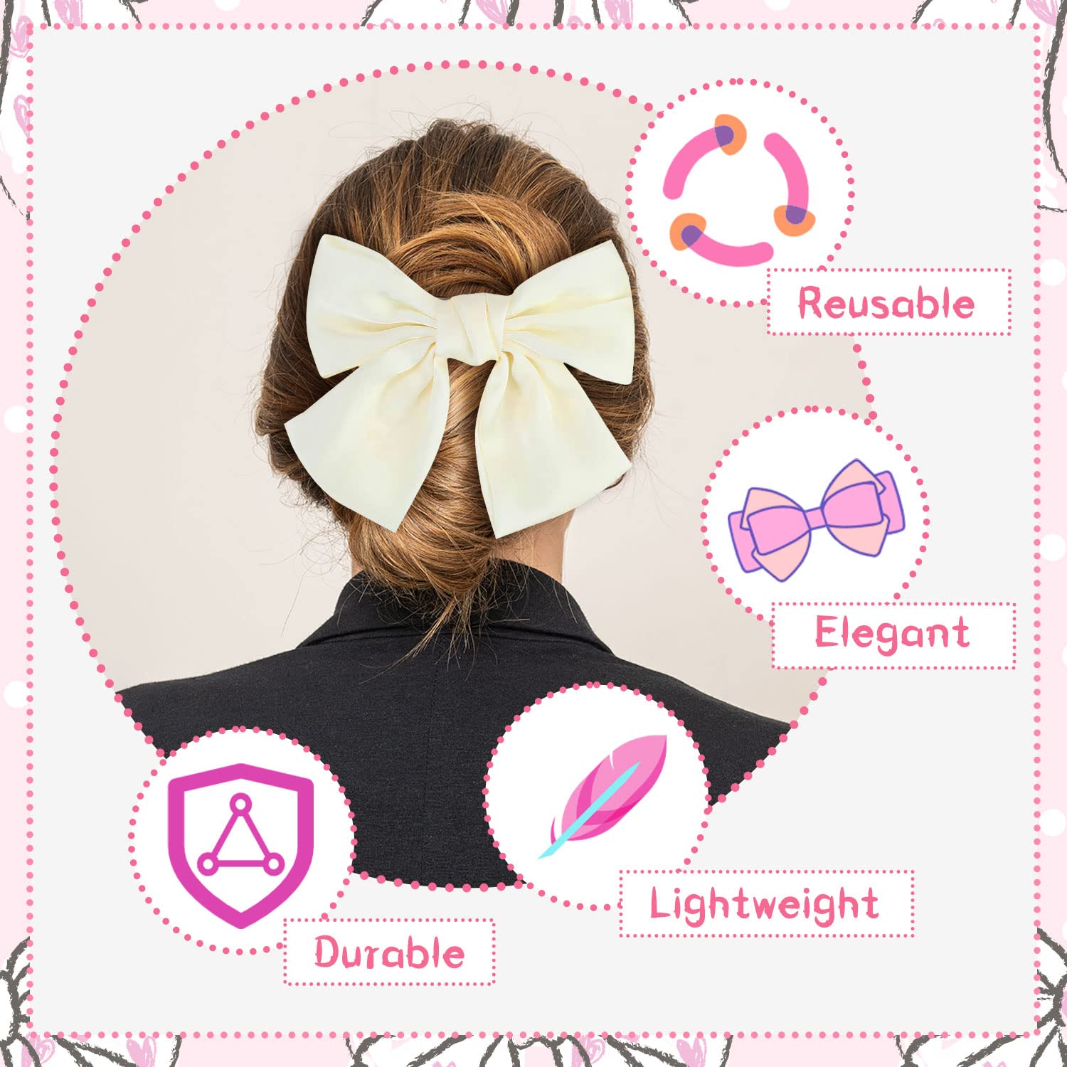 Bow Hair Clip, Hair Bows for Women Big Bowknot Hairpin French Hair Clips with Ribbon Solid Color Hair Barrette Clips Soft Satin Silky Hair Bows for Women Girls(White)