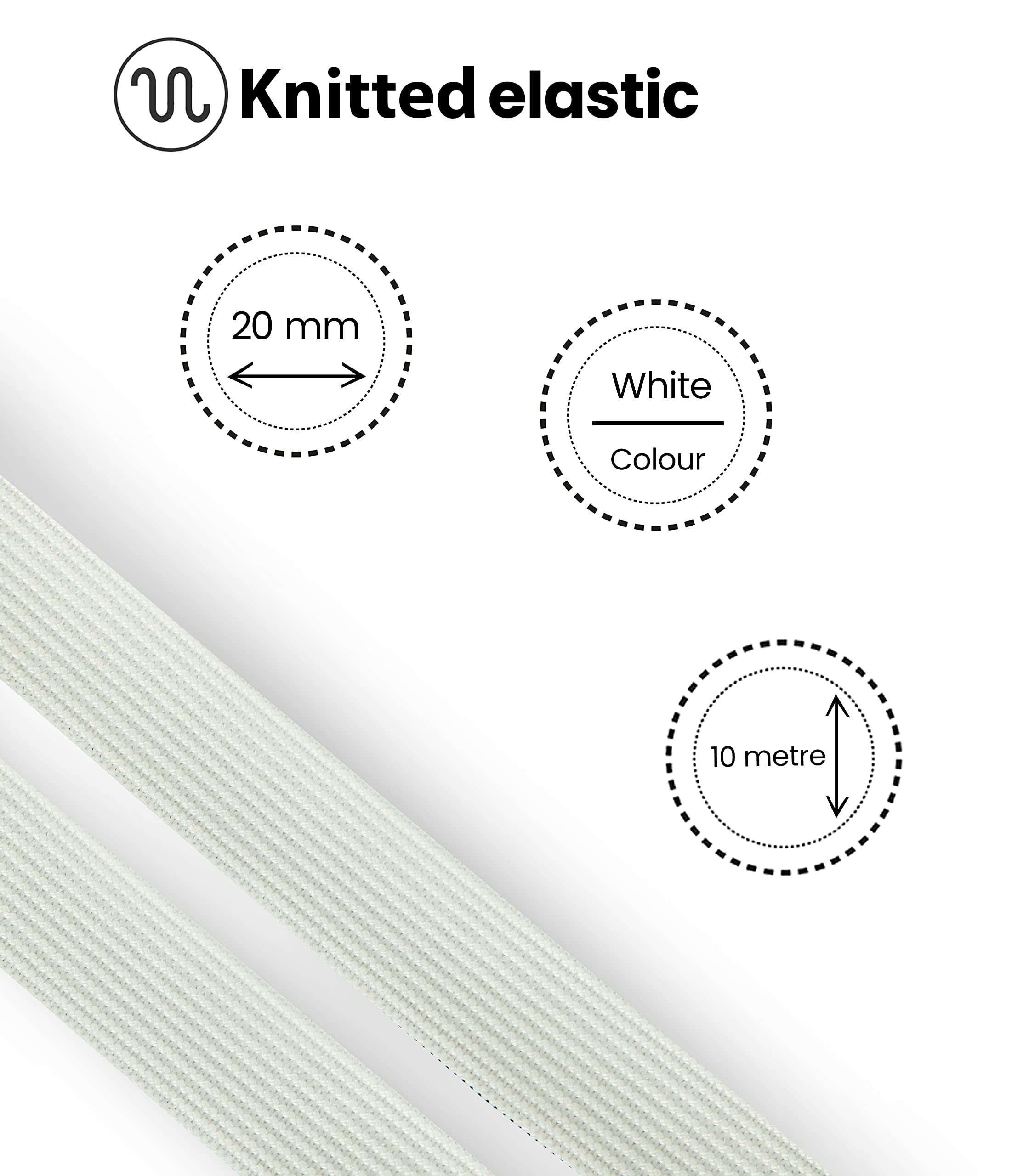 Shelver Elastic for Sewing, Waistband Elastic, Wide Elastic in Widths: 20/25/40/50/75mm (White, 20mm x 10m)