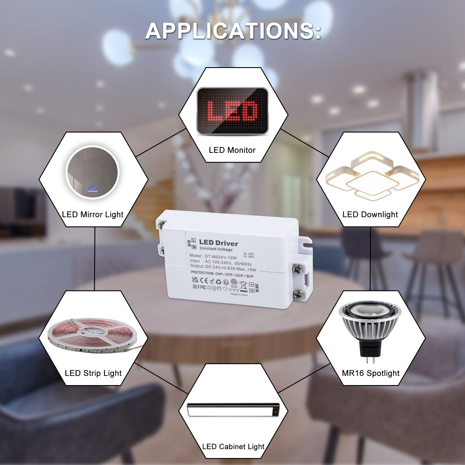 YAYZA! LED Driver 24V 15W, 240V to 24V LED Transformer 1.6A, IP44 Low Voltage Power Supply, AC to DC Adapter, Constant Voltage Driver for LED Strip Lights, Cabinet Lights, LED Bulbs, Ring Doorbell