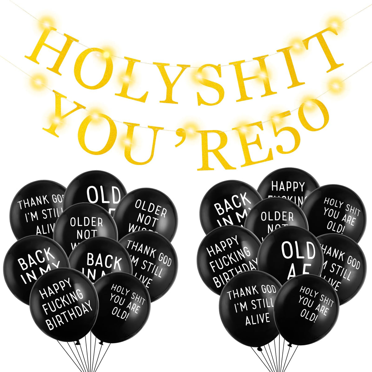 SUNBEAUTY Holy Shit You're 50 Banner Funny Abusive Old Age Birthday Party Balloons Over The Hill Birthday Decorations Retirement Birthday Decoration Humor Fun Gag Balloon for Old Adults