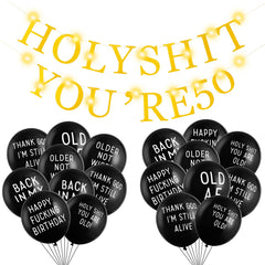 SUNBEAUTY Holy Shit You're 50 Banner Funny Abusive Old Age Birthday Party Balloons Over The Hill Birthday Decorations Retirement Birthday Decoration Humor Fun Gag Balloon for Old Adults