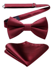 HISDERN burgundy Bow Tie for Men Pre-tied Wedding Formal Tuxedo Bowtie Classic Handkerchief Set Adjustable