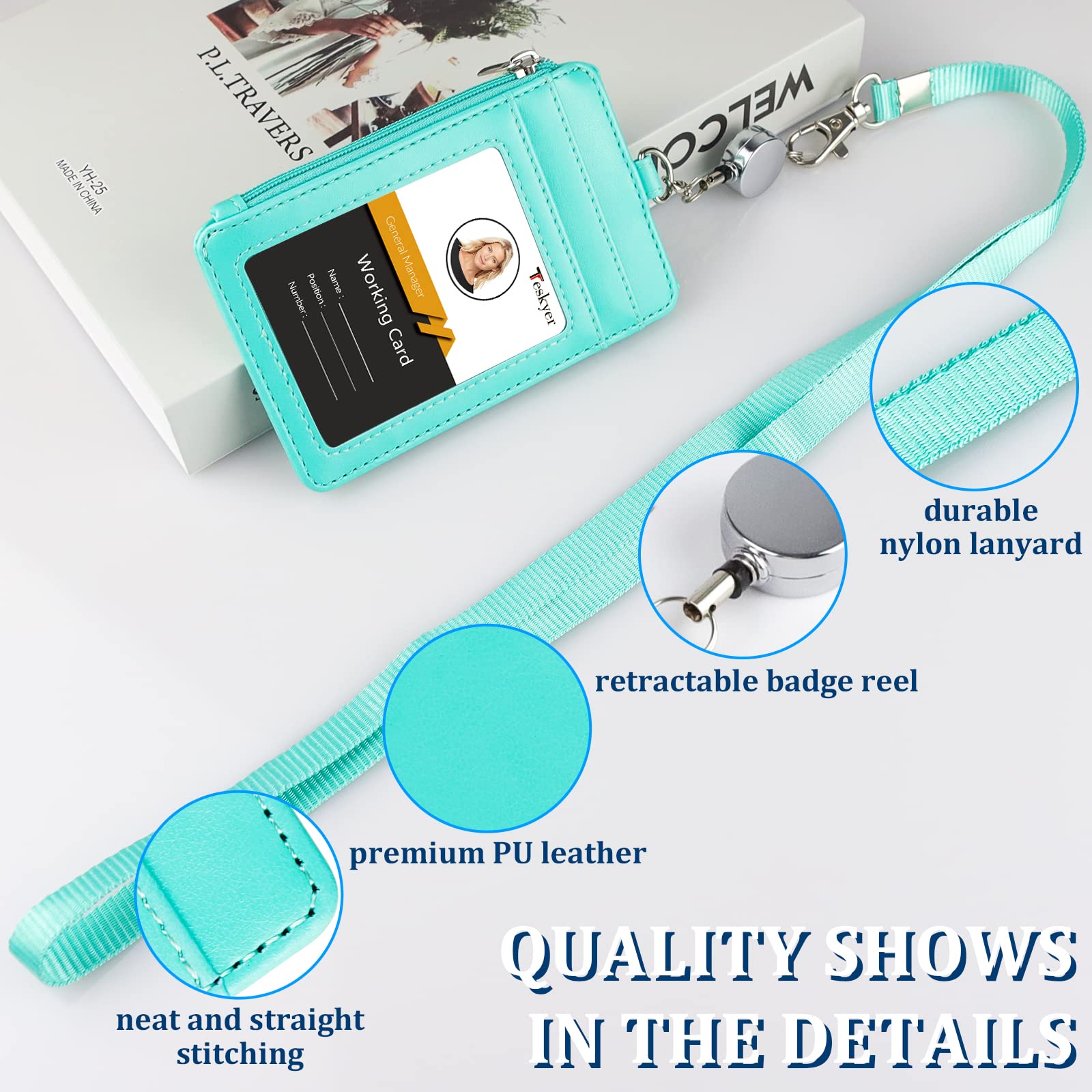 Teskyer Card Holder with Retractable Lanyard, Badge Holder with Zipper Pocket and Holds 4 Cards, Vertical Card Holder with Clear Window, PU Leather, Cyan