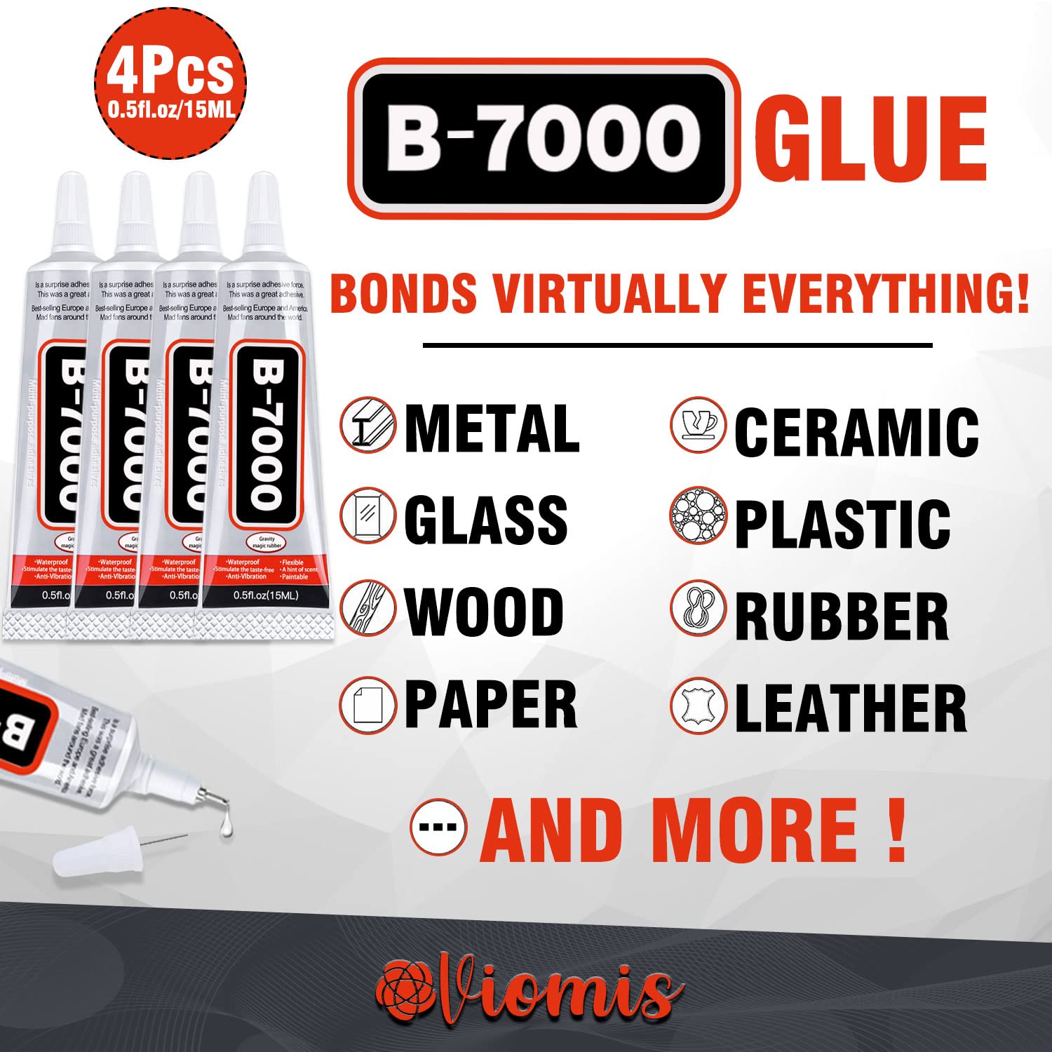 Viomis Jewelry and Bead Instant Adhesive Transparent,B-7000 Jewelry Glue for Metal and Stone, Multi-Function Glues Paste Adhesive Suitable for Glass,Wooden, Jewelery, 0.5 oz, 4 Packs